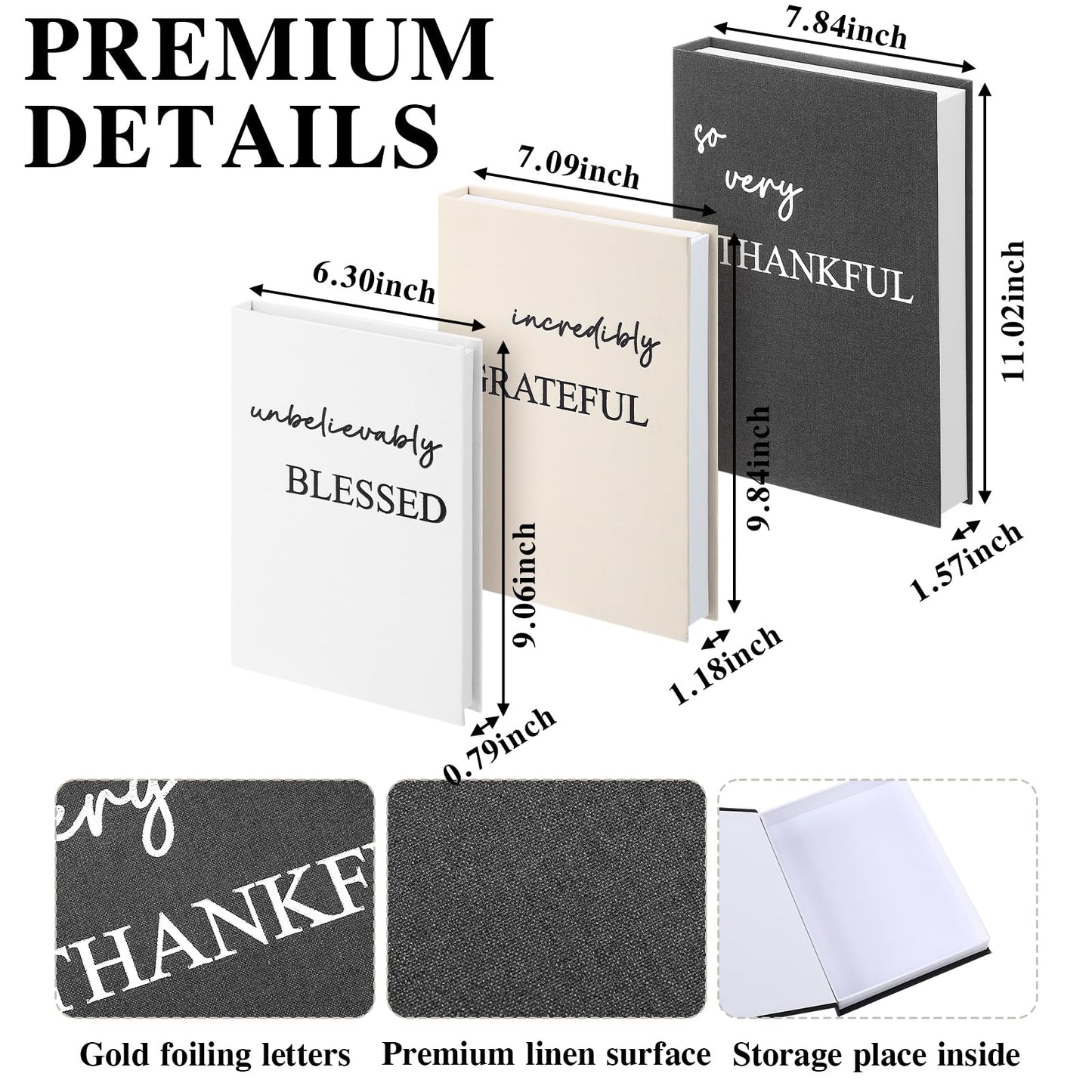 Weysat Set of 3 Thankful Grateful Blessed Decorative Books for Home Decor Linen Faux Books Stacked Neutral Modern Aesthetic Fake Storage Boxes for Coffee Table, Bookshelf or Mantle Display