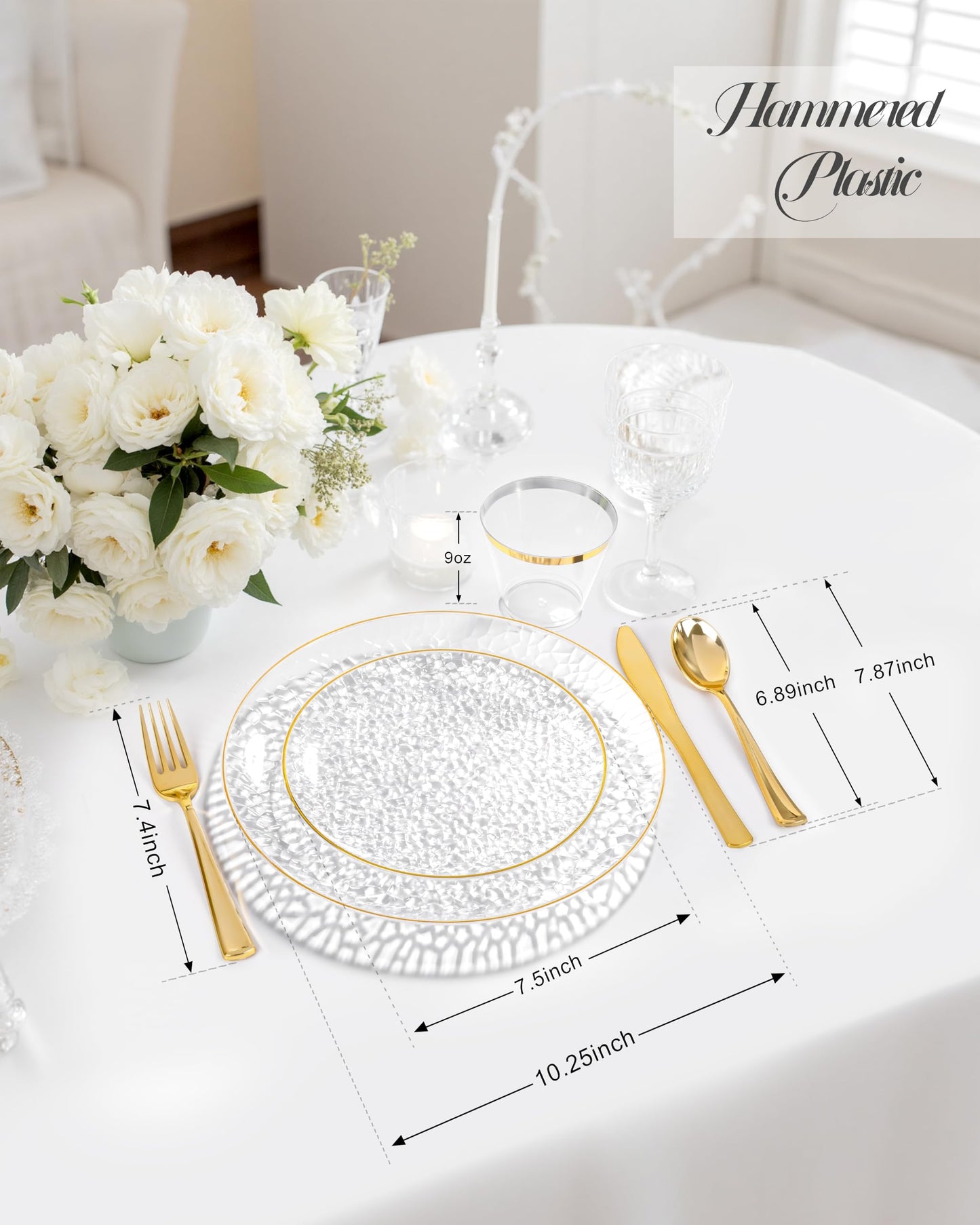 Hioasis 175pcs Clear Gold Plastic Plates - Clear Plastic Dinnerware Set Includes 25 Dinner Plate, 25 Dessert Plate, 25 Cups, 25 Napkins Perfect for Wedding & Party & Wedding