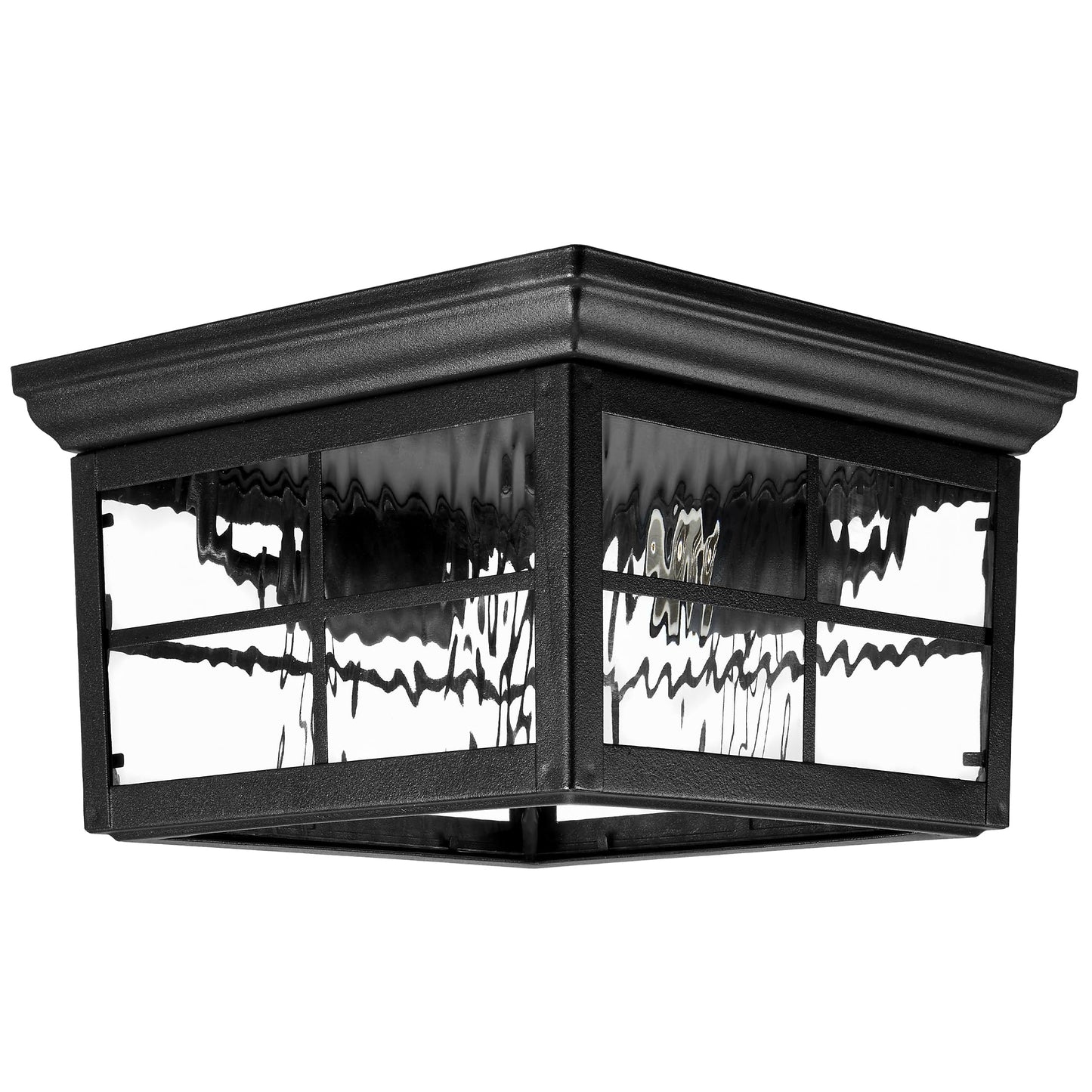 Maxxima Outdoor Flush Mount Ceiling Light Fixture, Black w/Water Glass, 2-Light Square Farmhouse Porch or Patio Light, Close to Ceiling Entryway Outdoor Light, Bulbs Not Included