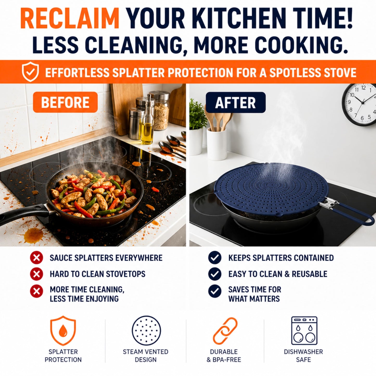 Silicone Splatter Screen for Frying Pan, 13” Navy – Grease & Oil Splatter Guard, Heat Resistant, Dishwasher Safe, Foldable Handle with Sleeves – Splash Guard Fits 10–12” Pans, Most 13” Skillets