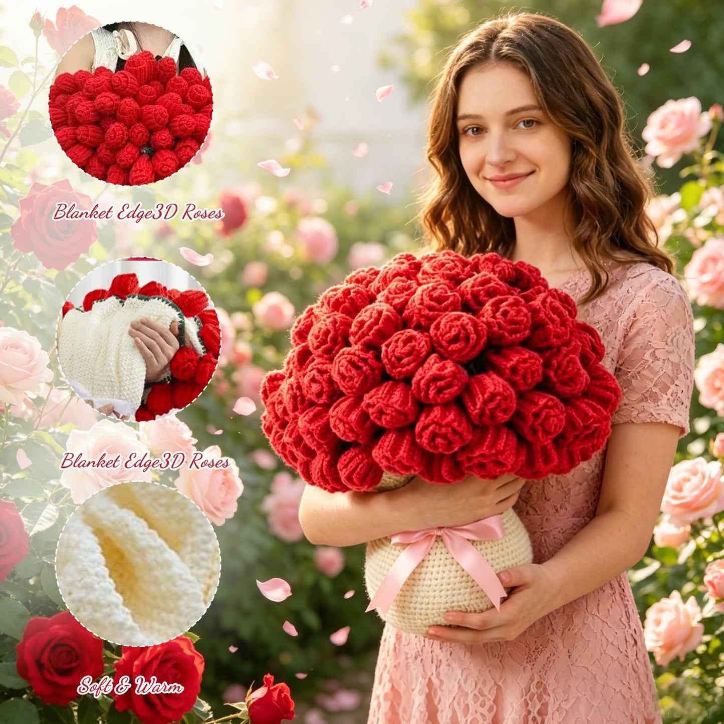 UODOR Flower Bouquet Blanket,Crochet Flower Bouquet Blanket Handmade, for Mother's Day, Valentine's Day, Birthday, Mom Grandma Home Sofa Decor (Finished Product) (Red, Small（31X31inches）)