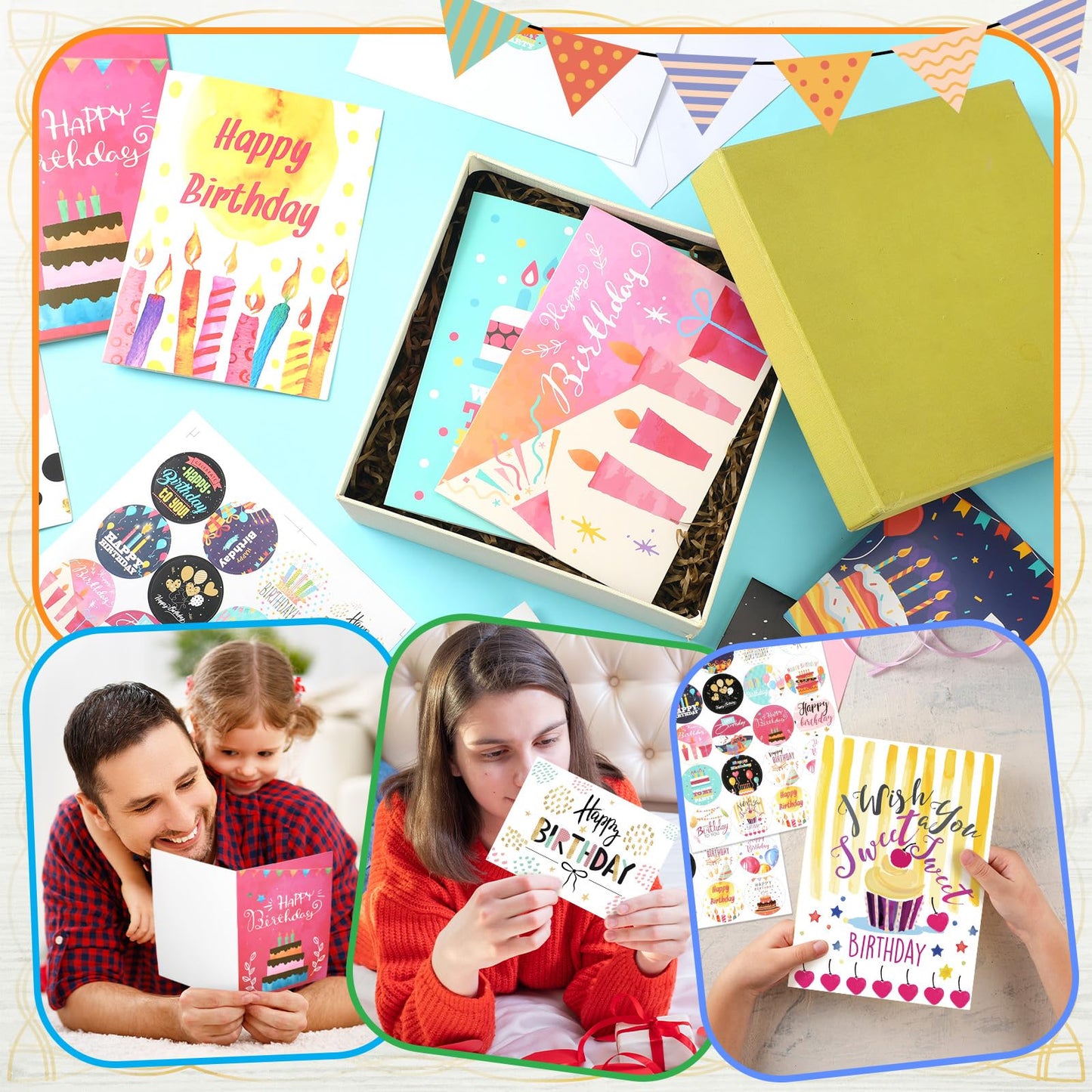 Lemosae 200 Set Unique Happy Birthday Card Bulk with Envelope and Sticker Blank Greeting Card Large 5 x 7 Inch Suitable for Office Kids Women Men, 20 Styles(Lovely Style)
