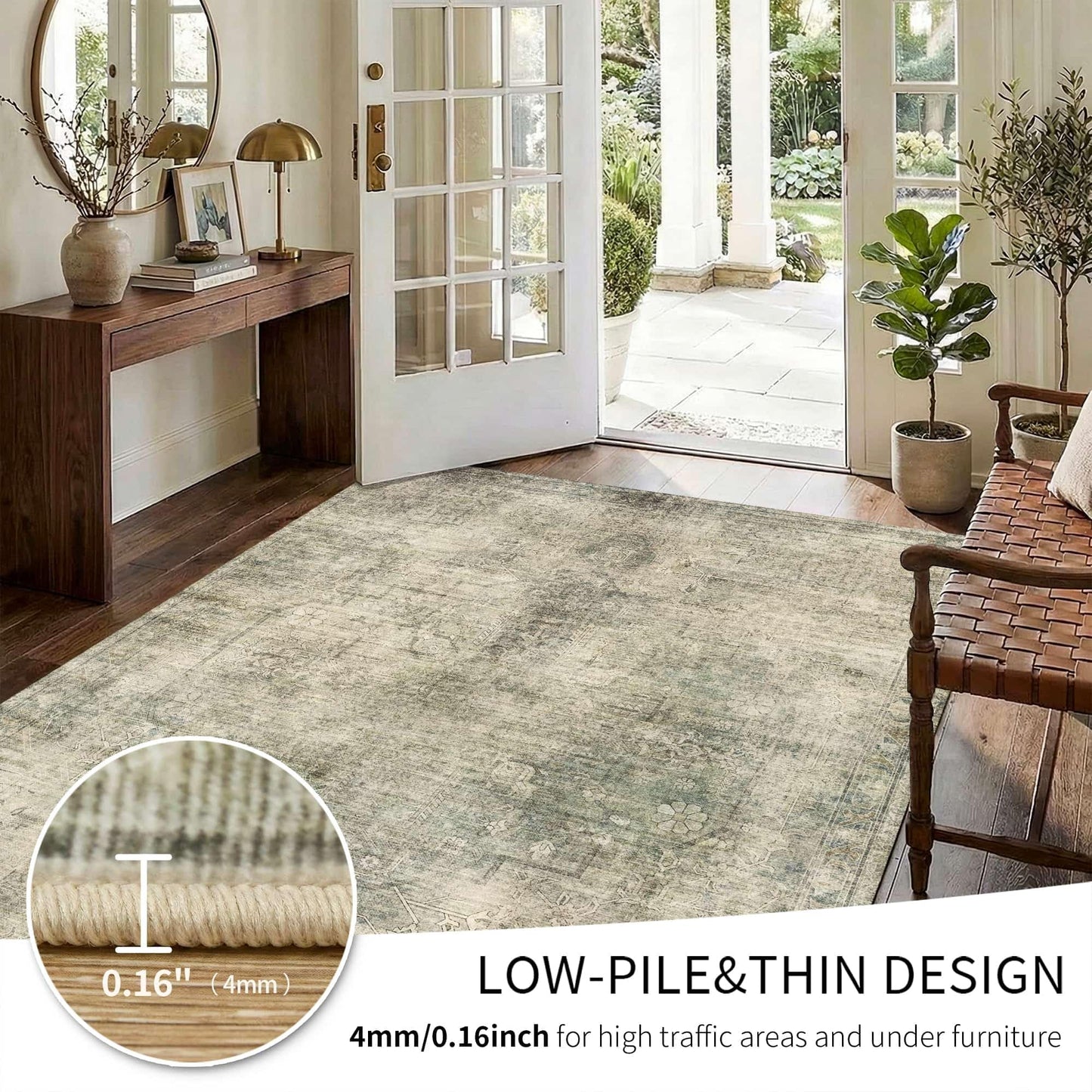 OHWPEAT Green Area Rugs for Living Room, 6x9 Washable Rugs for Bedroom, Dining Room, Kitchen, Boho Indoor Soft Large Rug for Classroom, Playroom, Non Slip Low Pile Distressed Carpets for Dorm Office