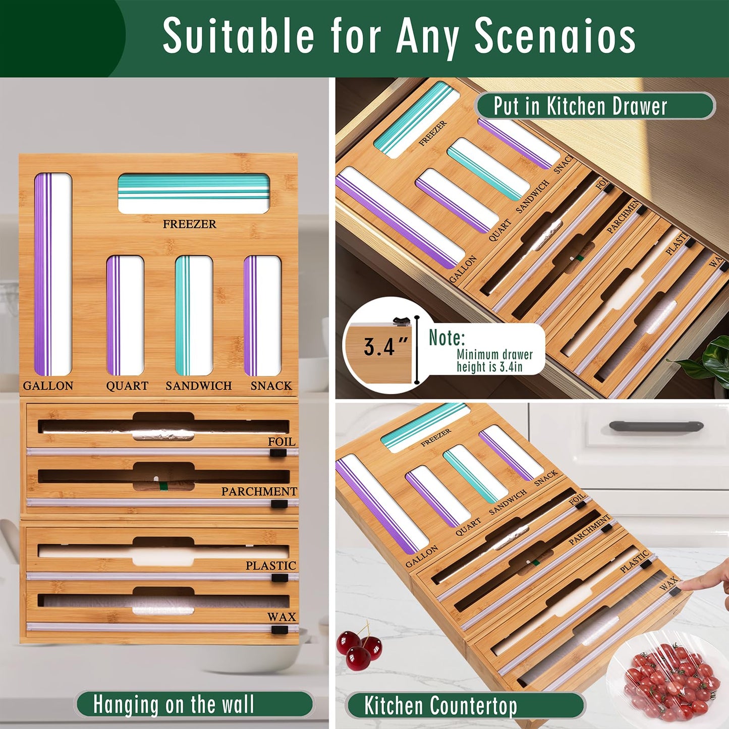 FifanQiQi 9 In 1 Storage Bag Organizer And Plastic Wrap Dispenser With Cutter, Bamboo Foil and Plastic Wrap Organizer