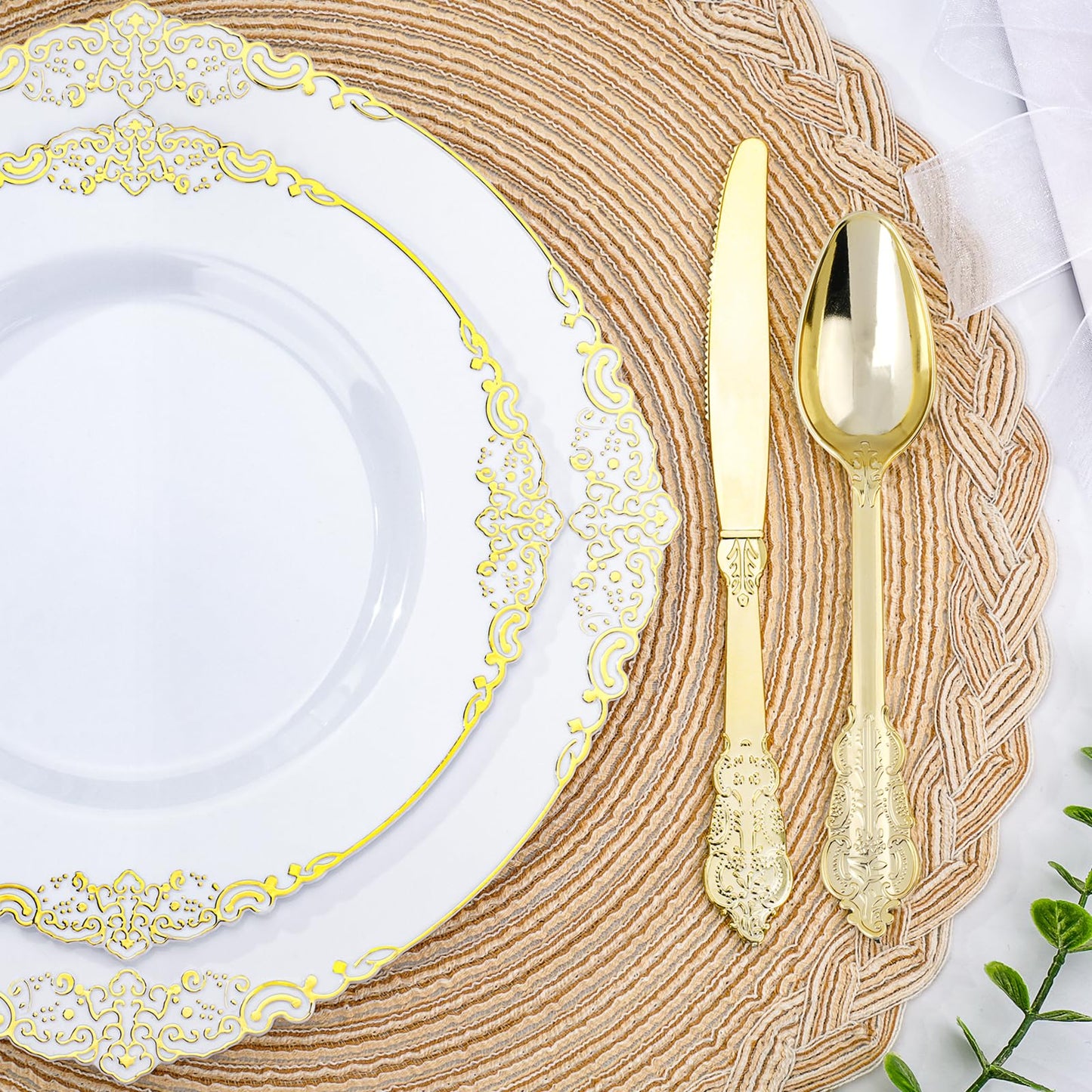 Realluck 350 PCS White and Gold Plastic Plates, Plastic Dinnerware Set for 50 Guests, 100 Disposable Plates, 150 Silverwares, 50 Cups, 50 Napkins for Party, Wedding, Graduation