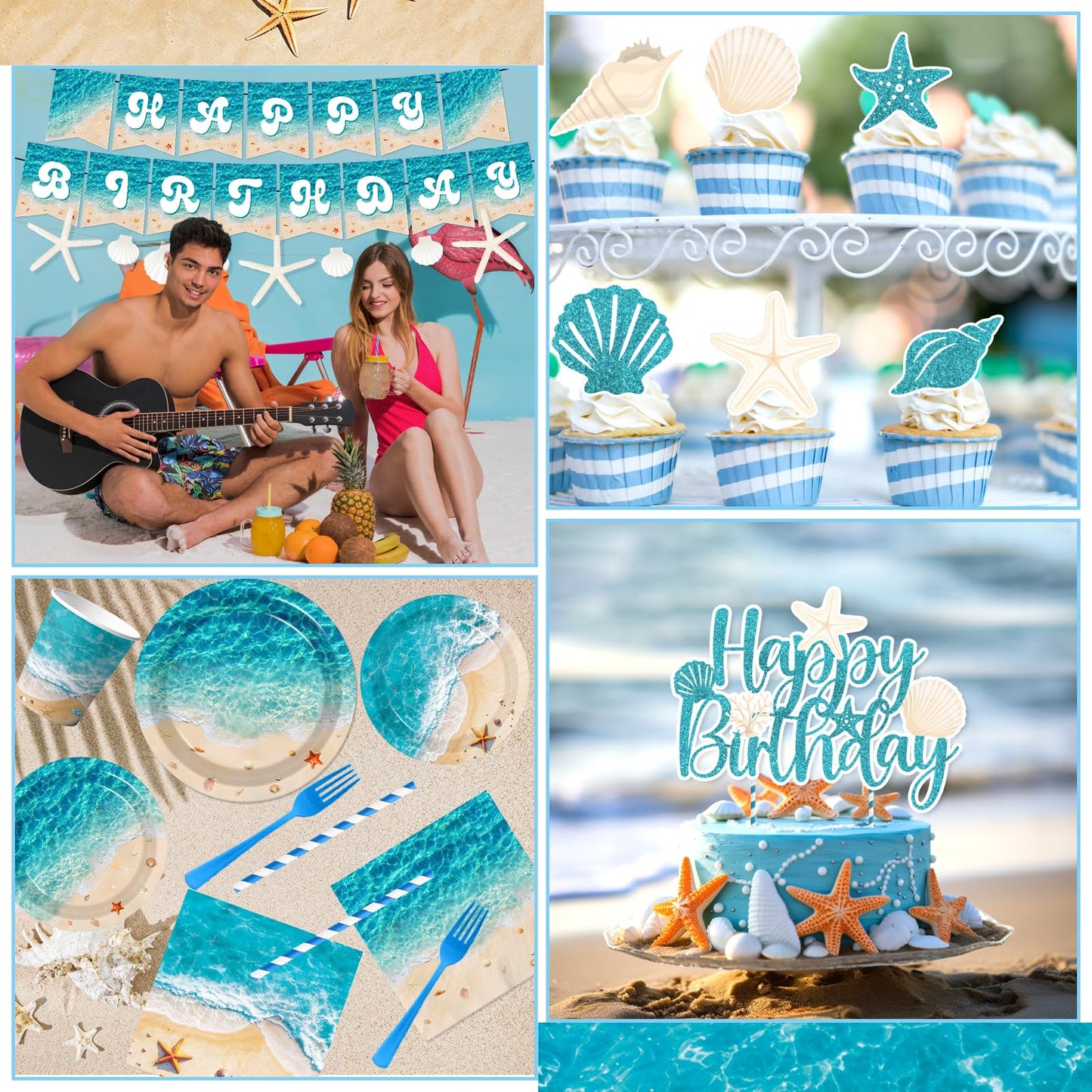 Beach Birthday Party Decorations, 183Pcs Ocean Waves Birthday Party Decorations Summer Pool Hawaiian Beach Party Supplies Plates,Napkins,Cups,Banner,Tablecloth,Balloons,Cupcake Topper,Serves 24