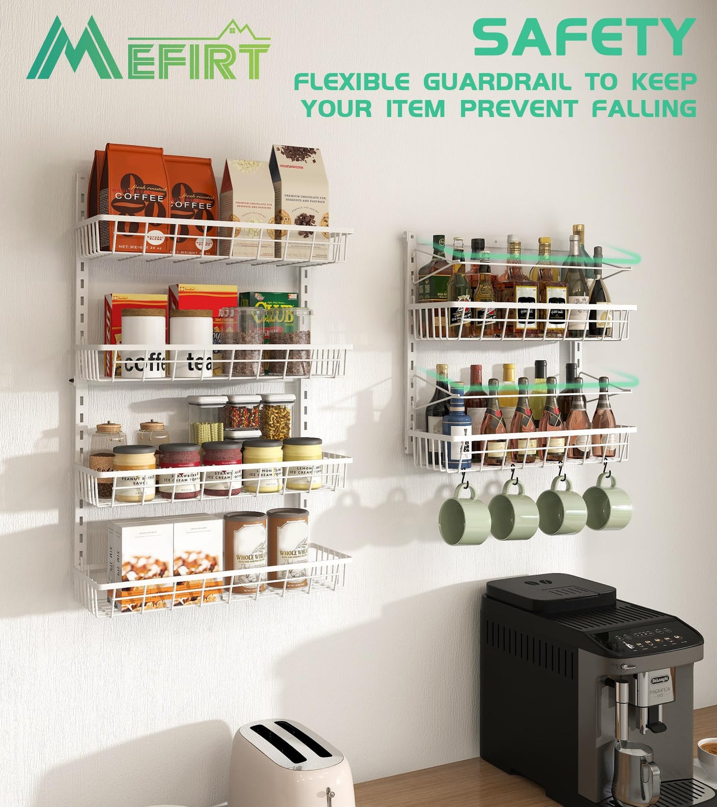 Mefirt Over The Door Pantry Organizer, Wall Mount Spice Rack, Pantry Hanging Storage and Organization, 6 Adjustable Baskets Heavy-Duty Metal for Home & Kitchen, Back of Door Seasoning Rack - White