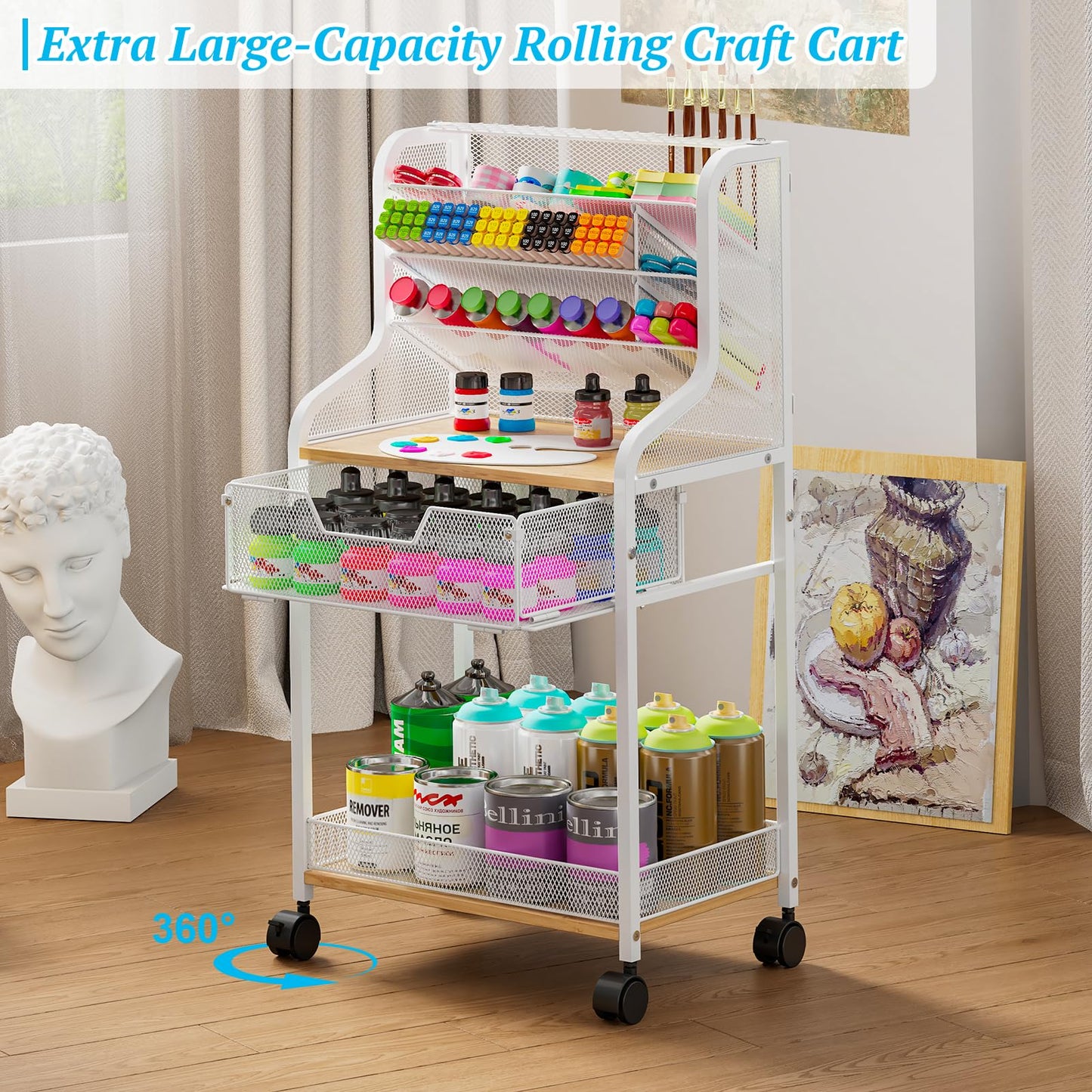 Small Utility Rolling Cart with Drawer, White Craft Organizer and Storage, Metal Craft Cart with Lockable Wheels, 6 Tiers Craft Storage Paint Organizer, Store for Brushes Paints Artifacts Small Parts