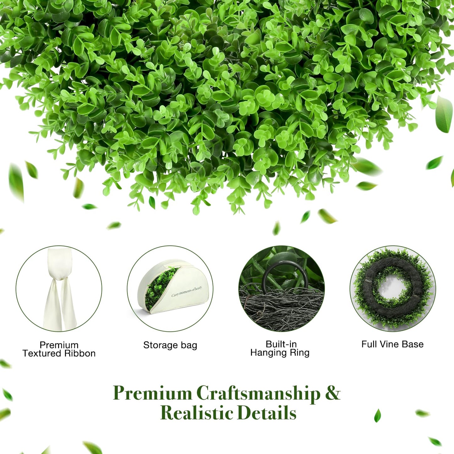 23" Boxwood Wreaths for Front Door – Preserved Boxwood Wreath with Sash｜Summer Wreaths for Front Door