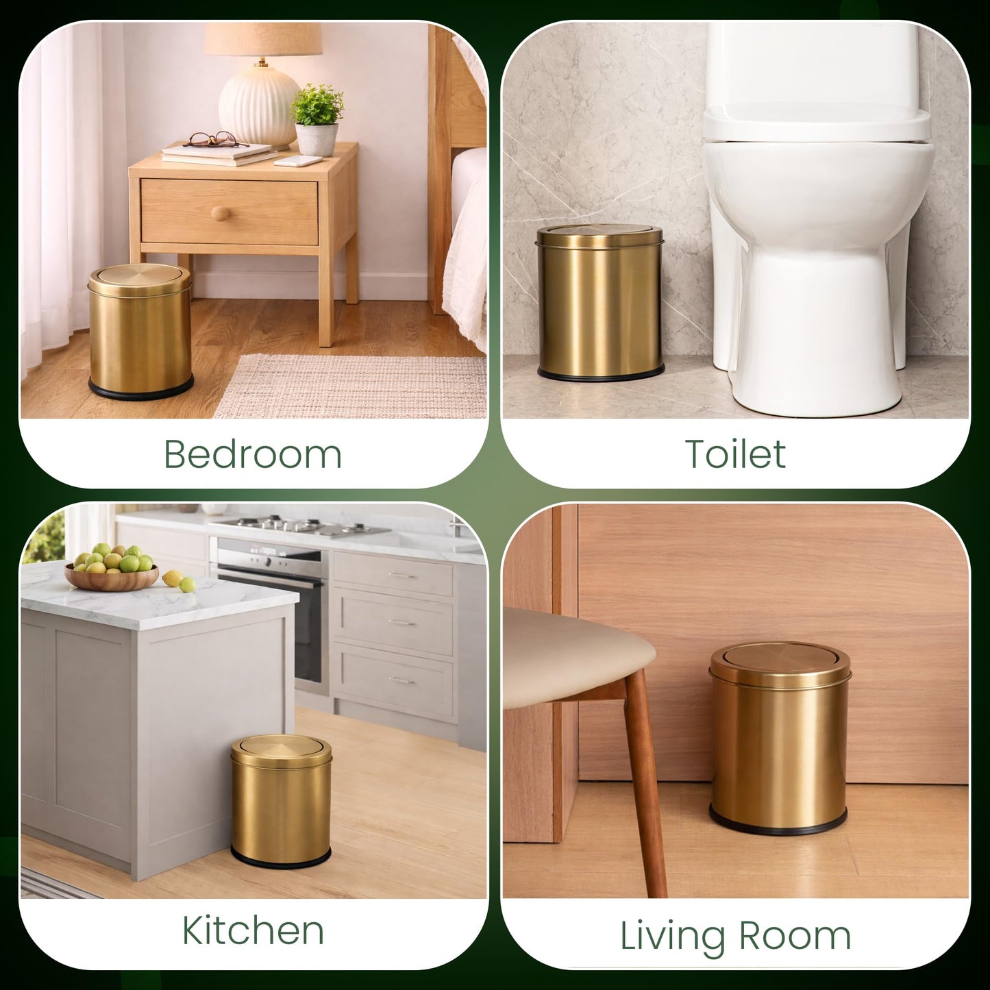 Aruhbck Gold Trash Can | Bathroom Garbage Bin with Lid | 5L Small Metal Wastebasket | Stainless Steel Rubbish Can | Non Slip Base | Simple Human Garbage Can | Office Wastebasket |