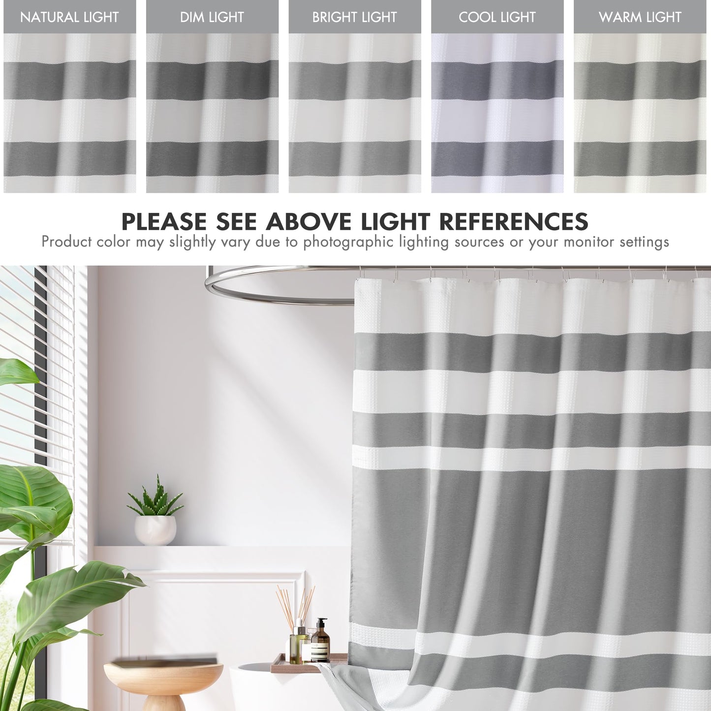 Madison Park Shower Curtain Waffle Weave Striped Pieced Design Fabric Shower Curtains for Bathroom with 3M Scotchgard Moisture Management Premium Spa Quality Modern Standard 72"x72" Grey