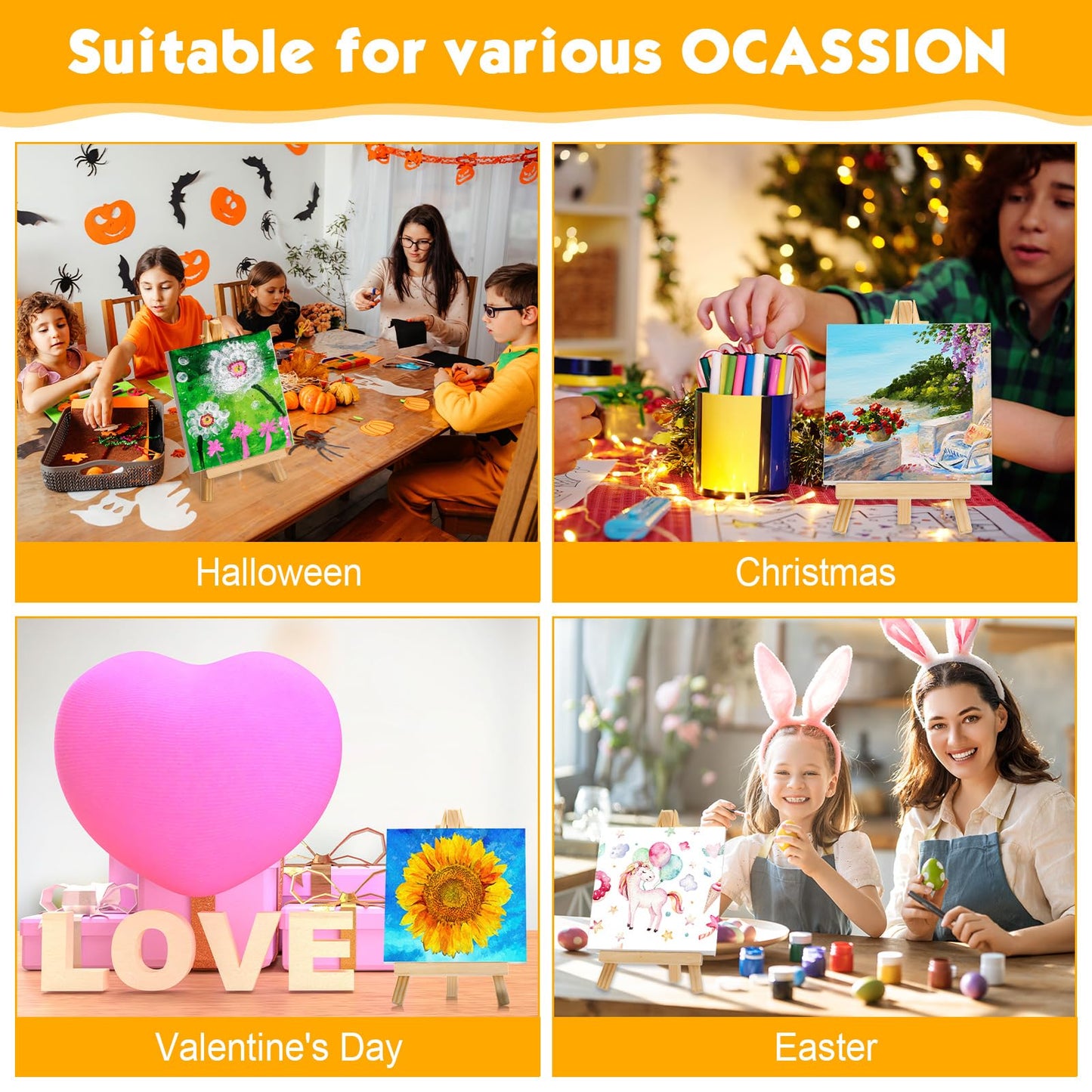 Mimorou 32 Pack Mini Canvas with Easel Sets for Painting Small Art Stretched Canvas Panels Pack with Sturdy Wood Display Easel for Kids Classroom Crafts End of The Year Gifts (6 x 6 Inch)