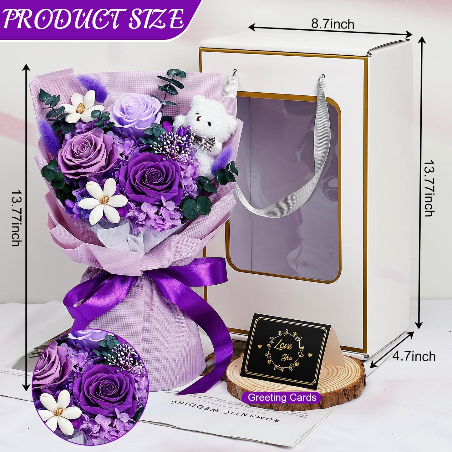 Tobilu Preserved Flowers Bouquet Graduation - Purple Forever Roses with Bear for Graduation Gifts, Anniversary, Birthday, Valentine for Mom Grandma Women Wife - Purple