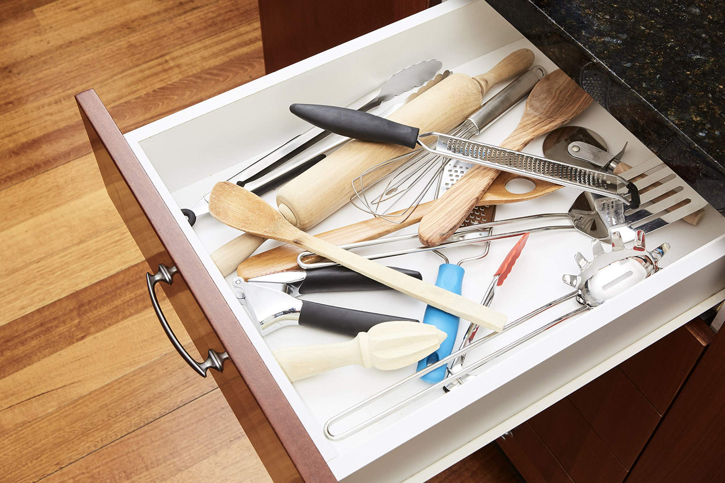 Thomas Grace Homewares Bamboo Kitchen Drawer Organizer Divider Stackable for Deep Drawers. (Set-of- 4) Spring Loaded Dividers that are Expandable & Adjustable. Kitchen Organizer.