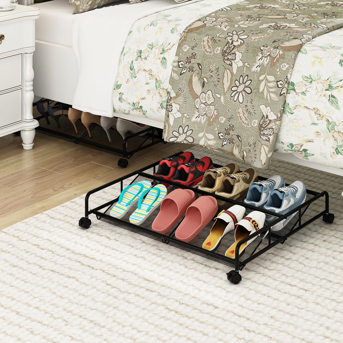 KOSIWU Under Bed Shoe Storage Organizer, 2 Pack Metal Mesh Under Bed Storage Containers with Wheels, Shoe Organizer Drawer Space Saving for Bedroom