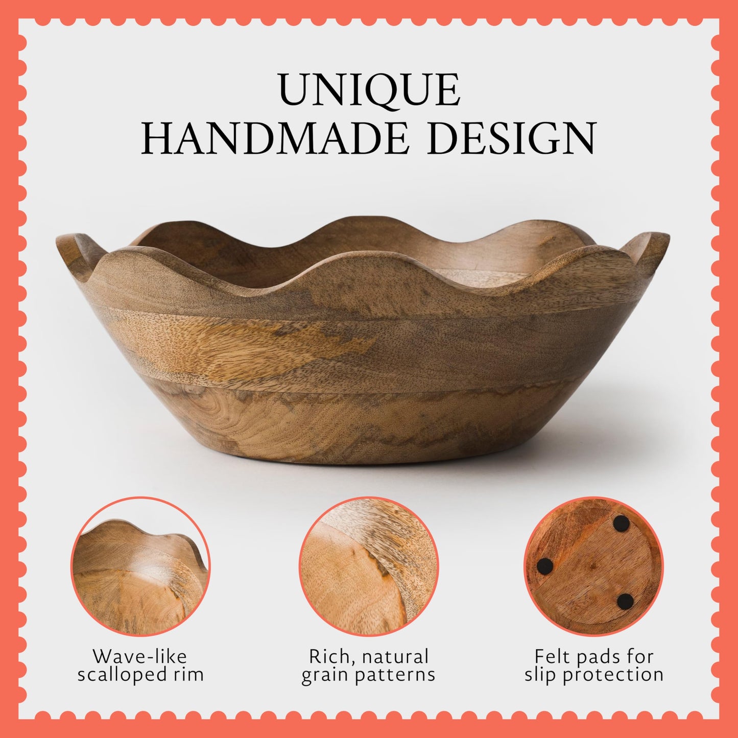 Mela Artisans 12 in Wide x 4 in Tall Scalloped Mango Wood Bowl – Hand-Carved Decorative Serving and Fruit Bowl with Visible Wood Grain for Kitchen Counter, Snacks, Bread and Home Decor