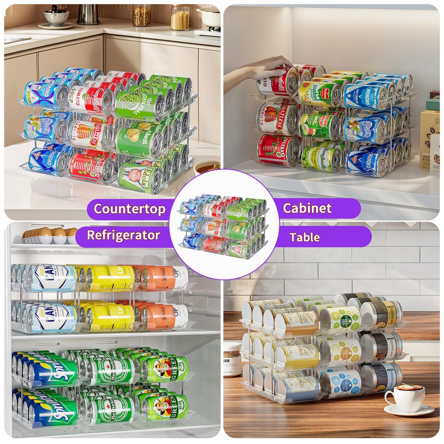 Can Organizer for Pantry, Upgraded Thickened Modular 3-Tier Combinable Can Storage and Beverage Dispenser Rack,Canned Food Organizer Rack Holds 36 Cans, Clear Can Holders for Pantry and Fridge