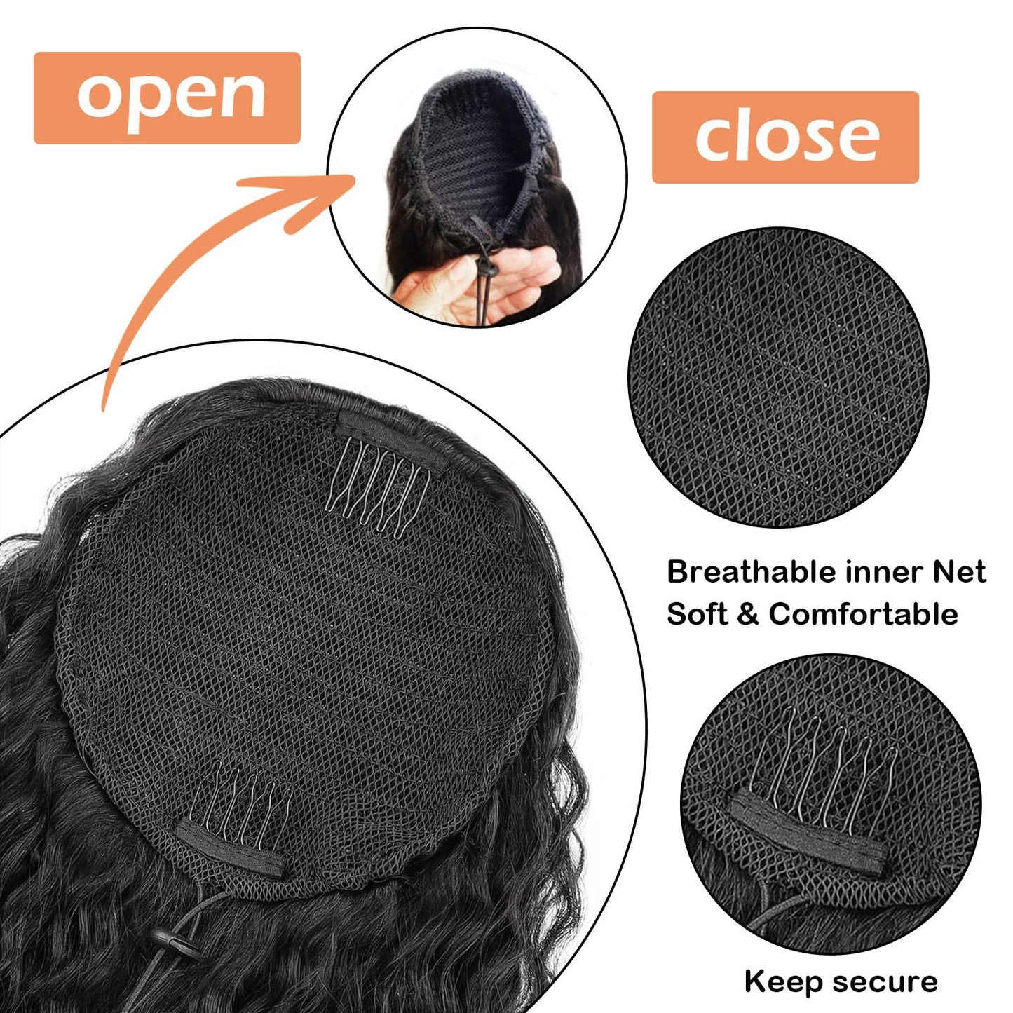 100% Human Hair Curly Drawstring Ponytail extension Water Wave, 12 inch 1B Natural Black Color, Afro Ponytail Brazilian Kinky Real Hair Ponytail Extensions For Black Women