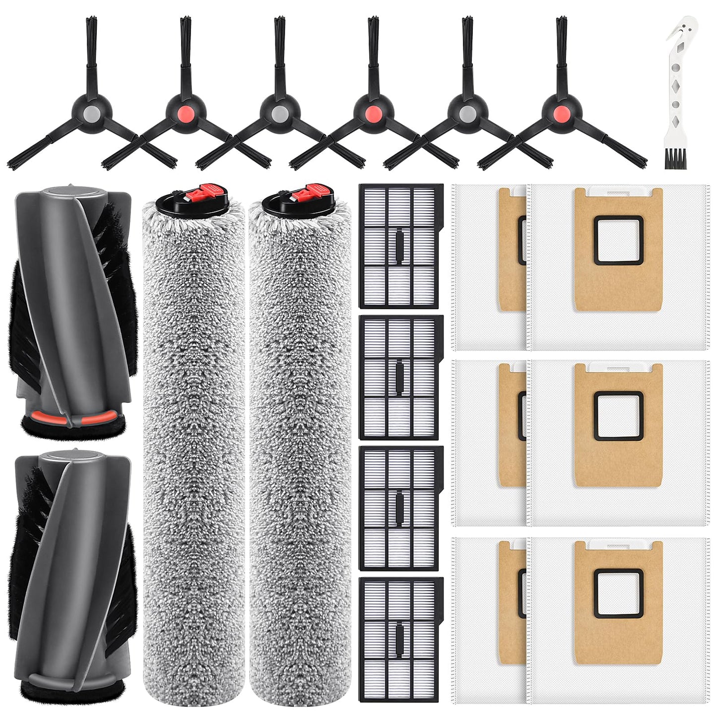21 Pack Accessories Kit Compatible with eufy E28 Omni / E25 Omni Robot Vacuum, Replacement Parts include 1 Set(2) Main Brushes, 6 Dust Bags, 4 Filters, 2 Roller Mops, 6 Side Brushes, 1 Cleaning Tool