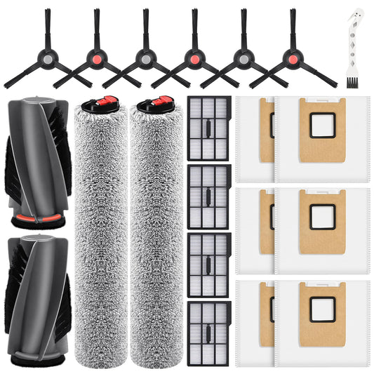 21 Pack Accessories Kit Compatible with eufy E28 Omni / E25 Omni Robot Vacuum, Replacement Parts include 1 Set(2) Main Brushes, 6 Dust Bags, 4 Filters, 2 Roller Mops, 6 Side Brushes, 1 Cleaning Tool
