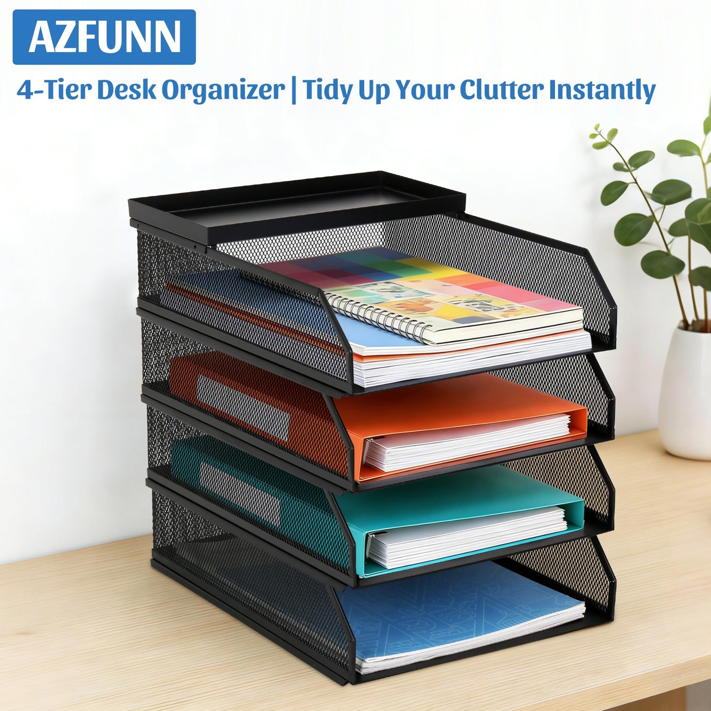 AZFUNN 4 Tier Paper Organizer for Desk, Stackable File Trays, Front-Load Metal Mesh Letter Tray & Stacking Supports Storage Organization for Office Home Classroom (Black)