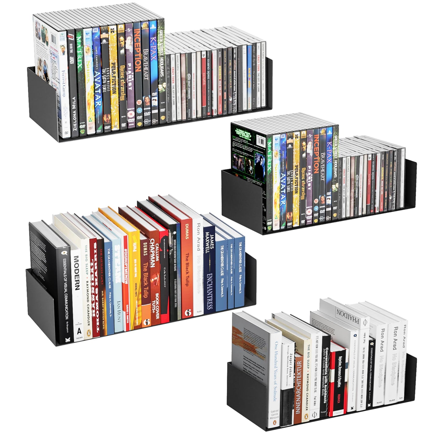 YFEEN Metal Bali Floating Wall Shelves 15.5&13.8INCH for Storage and Decor Wall Mounted CD DVD&Books Perfume, Make up Storage Shelves Living Room, Bedroom, Bathroom & Kitchen,4P,Black