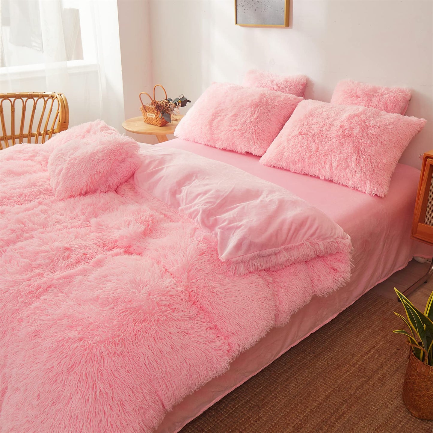 FOPPA Fluffy Faux Fur Pink Comforter Cover Set Queen - Ultra Soft Plush Pink Bedding Sets 3 Pieces (1 Fluffy Duvet Cover + 2 Faux Fur Pillow case) Cute Bed Set (Light Pink, Queen)