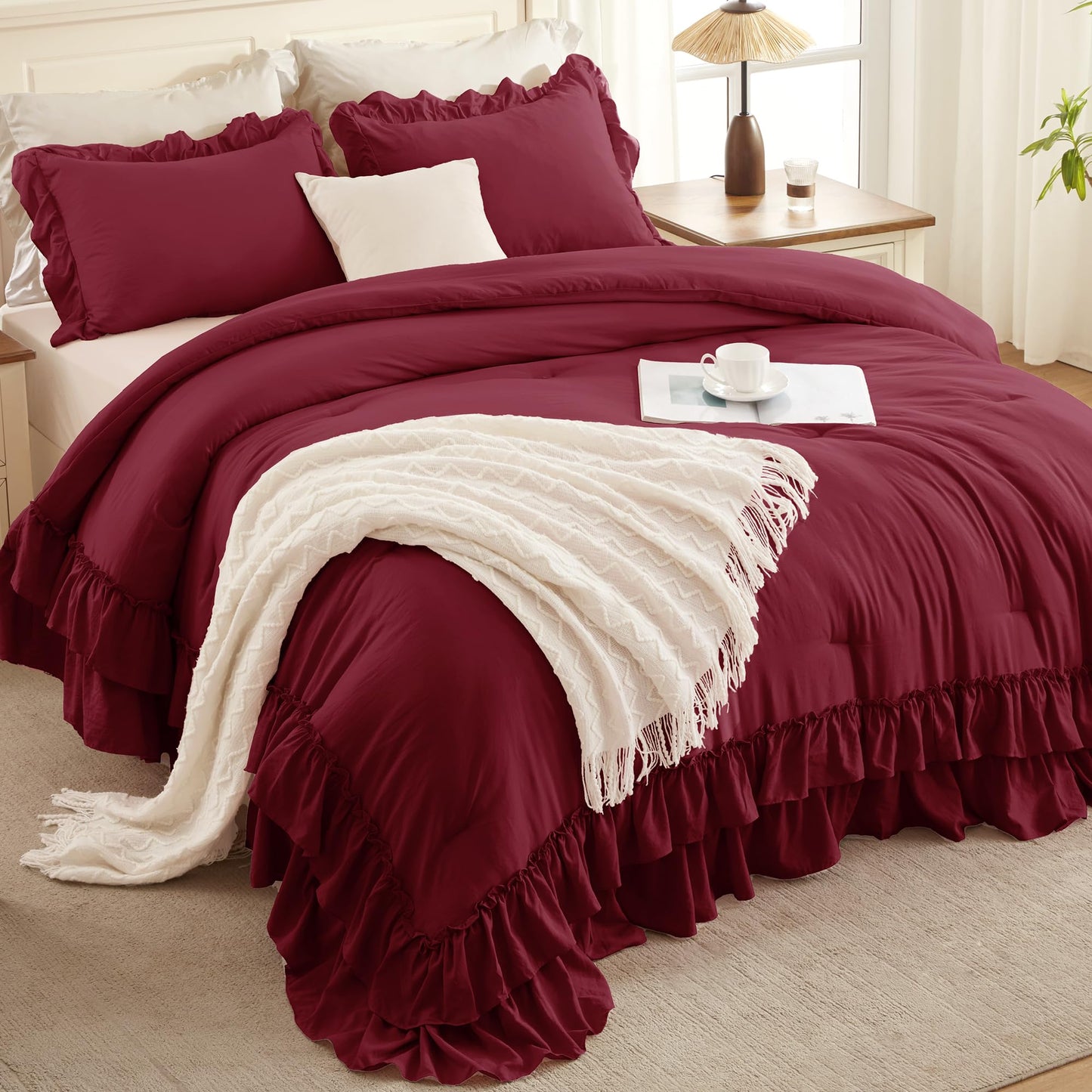 Andency Burgundy Comforter Set Queen Size, Lightweight Fluffy Farmhouse Ruffle Bedding Set, Soft Polyester All Season Shabby Chic Bed Comforter Set 3 Pieces(1 Comforter 2 Pillowcases)