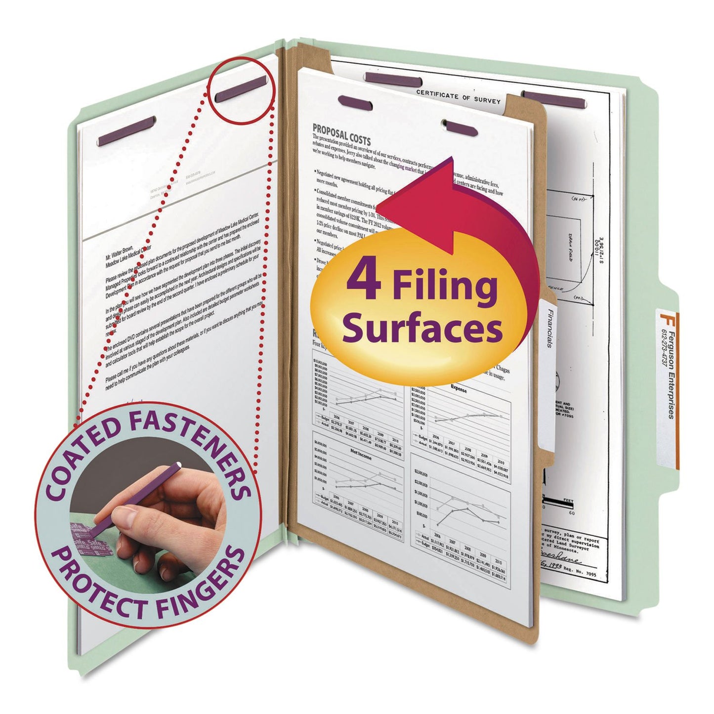 Smead Pressboard Classification File Folder with SafeSHIELD Fasteners, 1 Divider, 2" Expansion, Letter Size, Gray/Green, 10 per Box (13776)