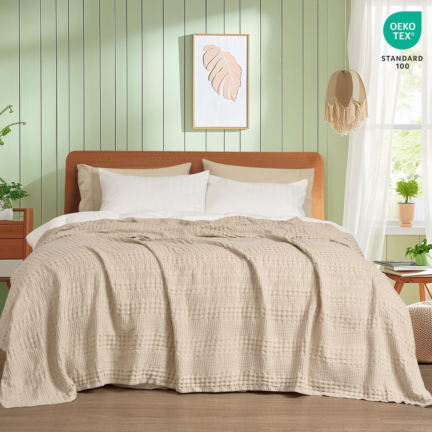PHF Cooling Waffle Blanket Queen Size, Lightweight 60% Rayon from Bamboo & 40% Cotton Breathable Blanket for Hot Sleepers, Summer Use, Soft Luxury for Bed Couch Sofa, 90"x90", Light Tan