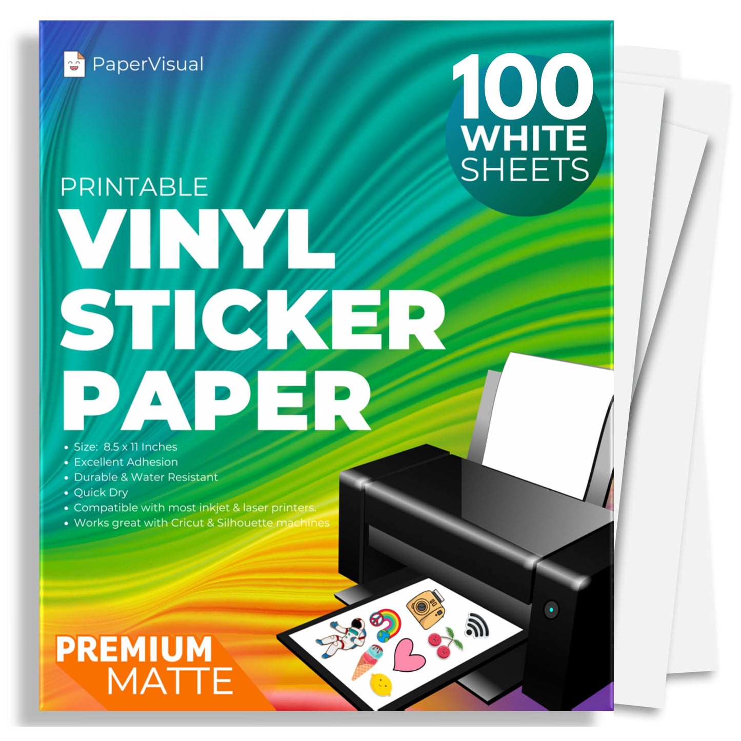 PaperVisual Matte Printable Vinyl Sticker Paper 100 Sheets - Waterproof White, Inkjet & Laser Printer, 8.5x11, Quick Dry, Tear Resistant, Compatible with Cricut & Silhouette -DIY,Labels,SmallBusiness