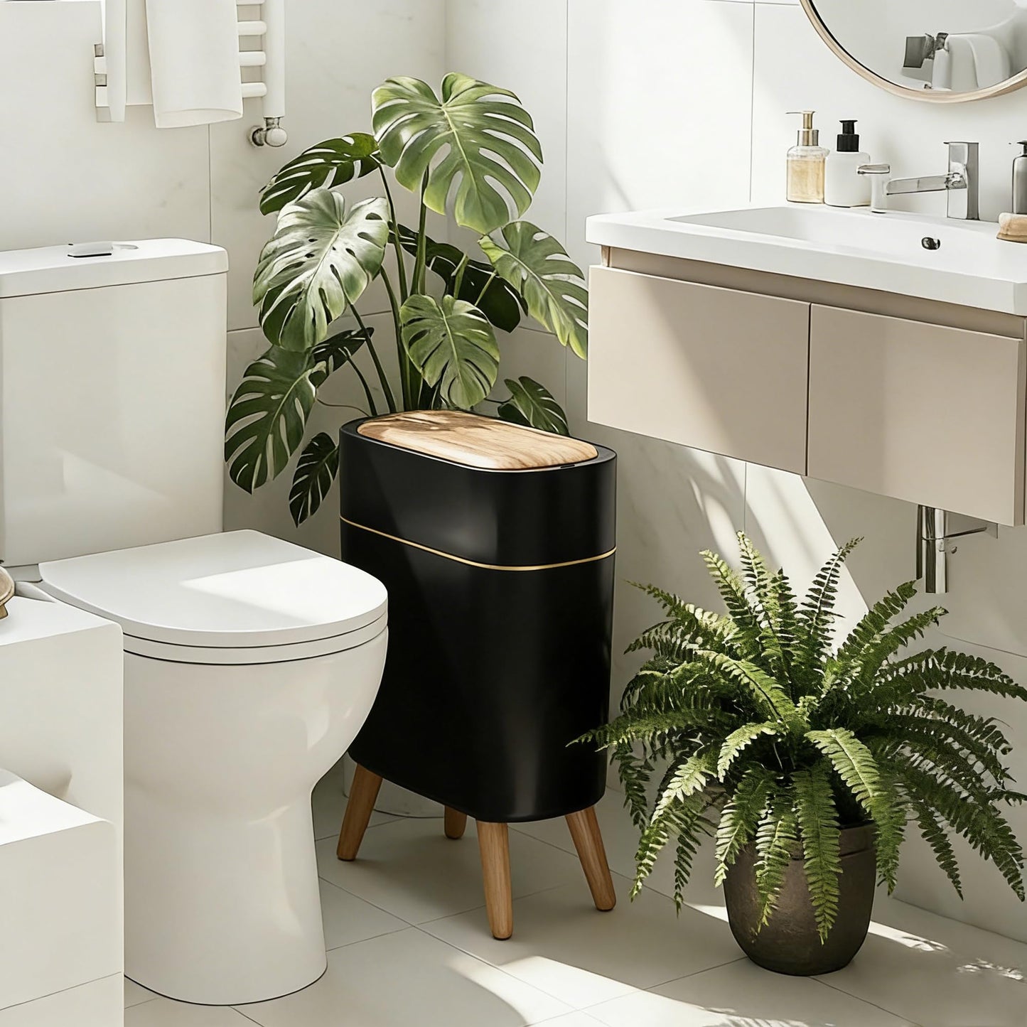 suyika Automatic Trash Can, 2.6 Gallon/10L Bathroom Trash Can with Lid - Wood Grain Lid and Legs, Touchless Waterproof Garbage Bin for Bedroom, Bathroom, Office, Living Room