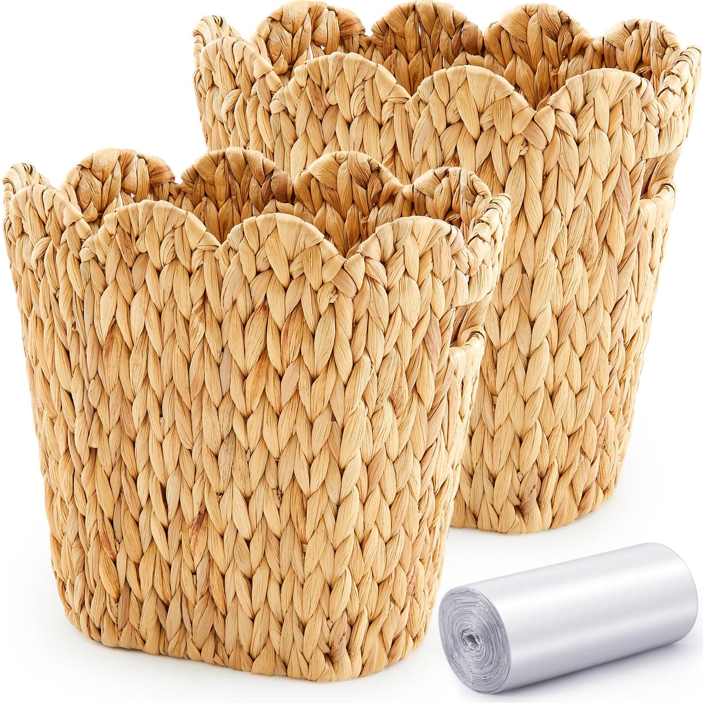 Ziliny 2 Pcs Wicker Trash Can with 50 Small Trash Bag Wicker Waste Woven Basket with Handles Clear Multi Use Garbage Bags for Bathroom Kitchen Bedroom (Calabash Vine,Scalloped Brim)