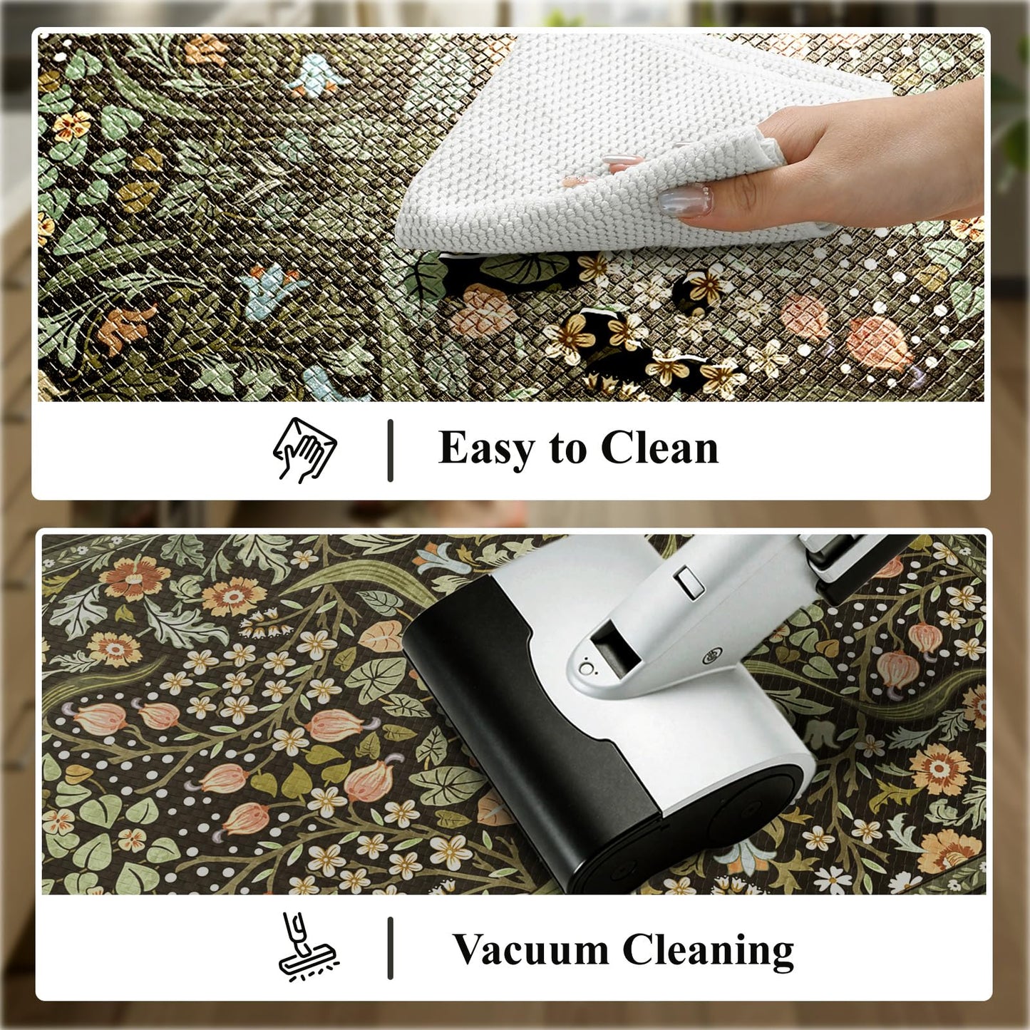 Collive Kitchen Floor Mat Cushioned Anti Fatigue, Boho Floral Desk Mats Non Skid Waterproof Kitchen Sink Rugs Sets of 2, Memory Foam Comfort Standing Carpet for Office, 20" x 47" + 20" x 32", Black