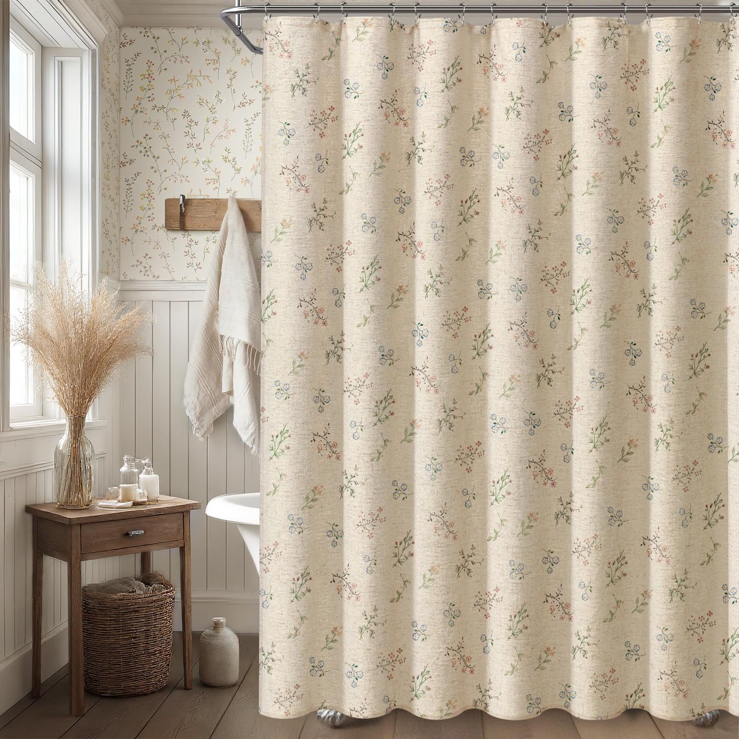 XOGUIBO Floral Farmhouse Vintage Linen Shower Curtain, French Country Spring Shower Curtains for Bathroom, 72Wx72H