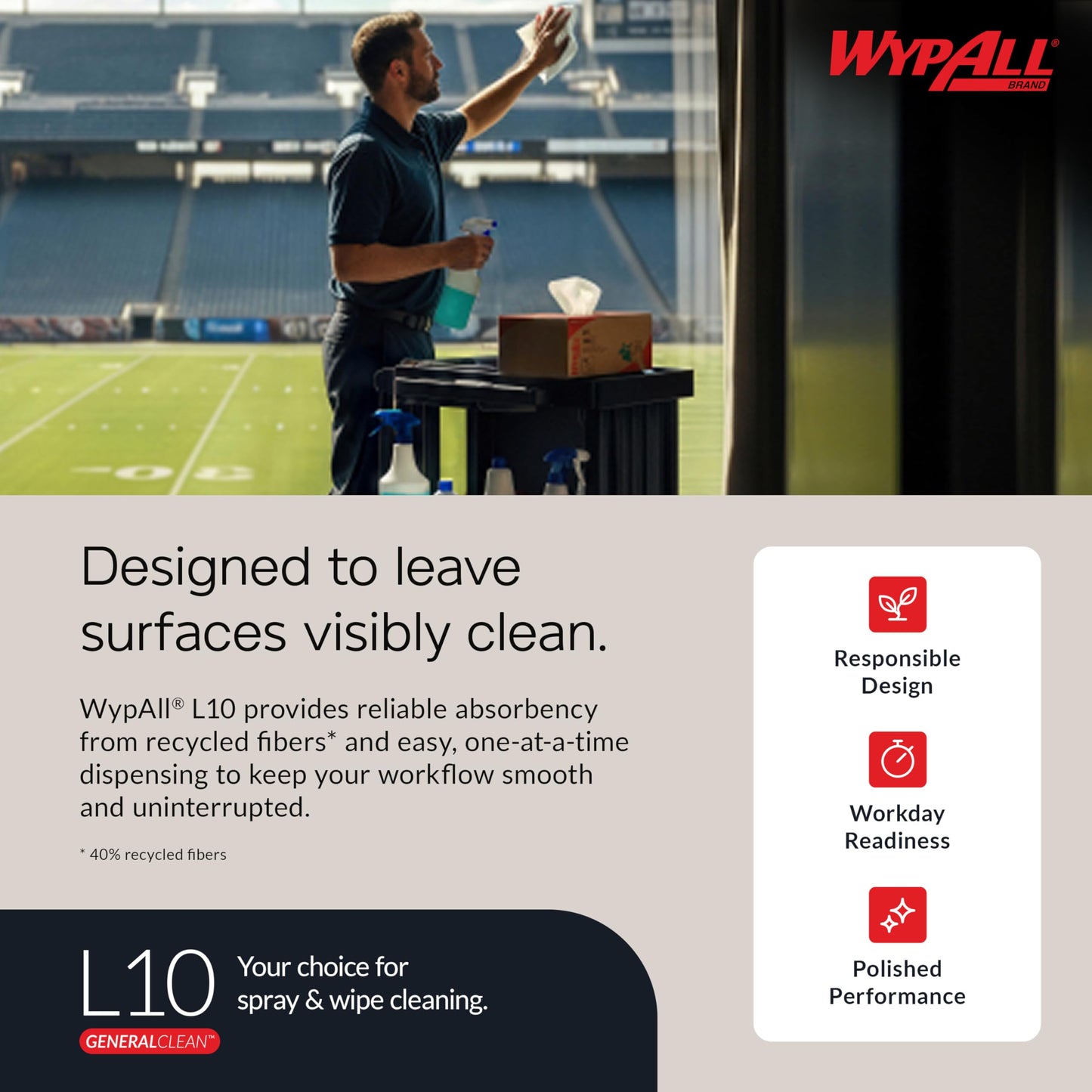 WypAll GeneralClean L10 Cloths Light Cleaning Wipes (05123), Windshield Towels, Bulk Paper Wipers, Blue (10 Packs of 224 Sheets, 2,240 Sheet Total)