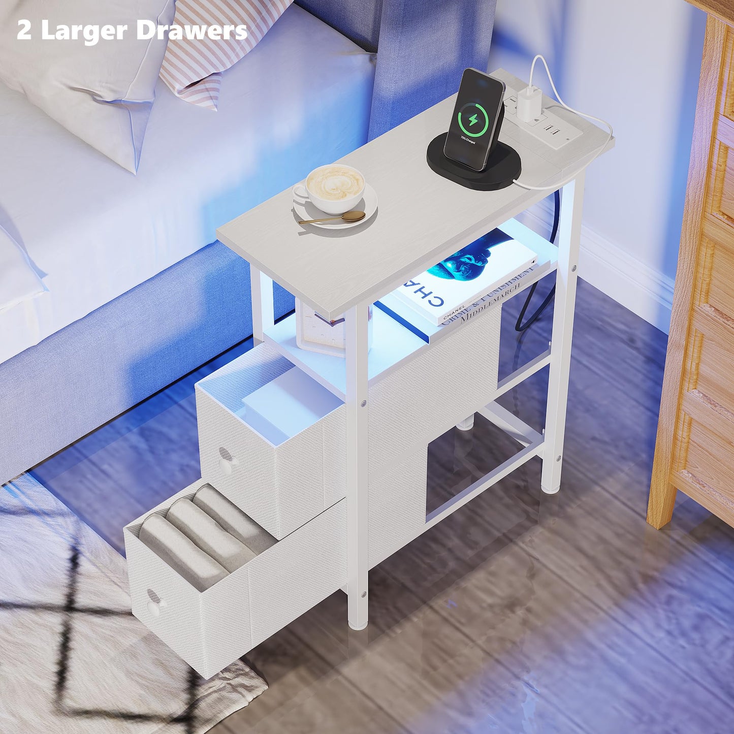 TRIFEBLE End Table with Charging Station, Narrow Side Table with 2 Fabric Drawers, Skinny Nightstand with LED Light, Slim Bedside Table for Bedroom, Living Room, Small Spaces, White