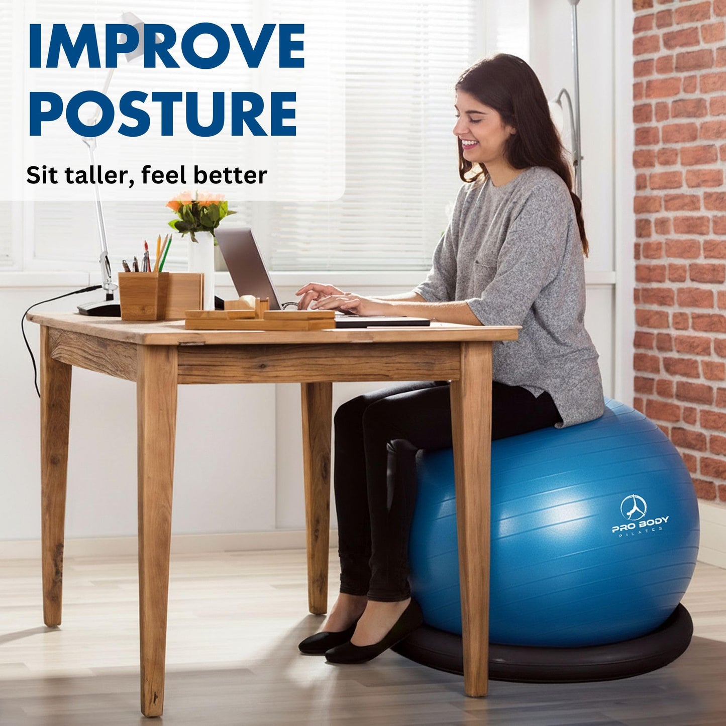 ProBody Pilates Yoga Ball Chair, Exercise Ball Chair with Base or Stand for Home Office Desk Sitting or Workout, Balance & Stability Ball Seat, Large Gym Ball for Back (Blue with Bands)
