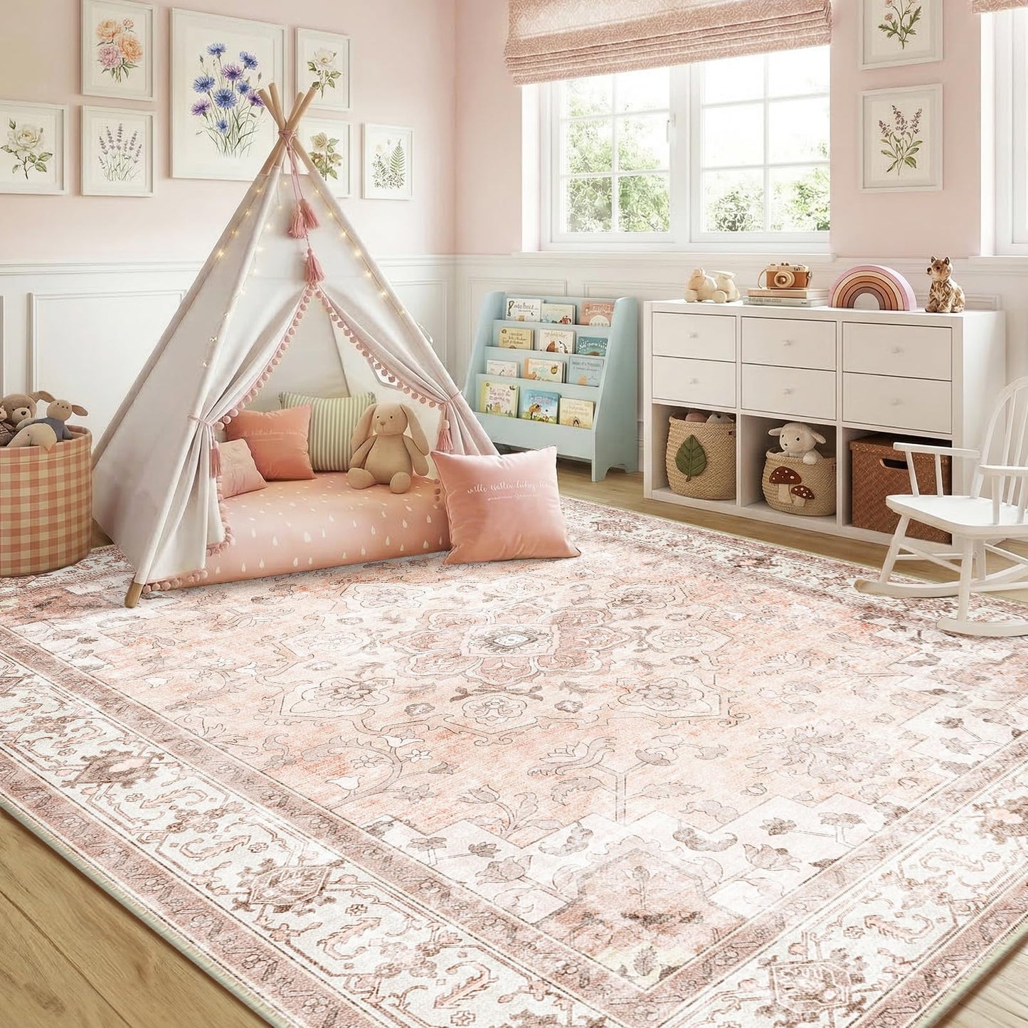 CAPALOCA Machine Washable Rugs Nursery Rug 5x7 Cute Girl Non Slip Low Pile Water Repellent Soft Print Pattern for Bedroom Indoor Decor Kids Playroom Pink