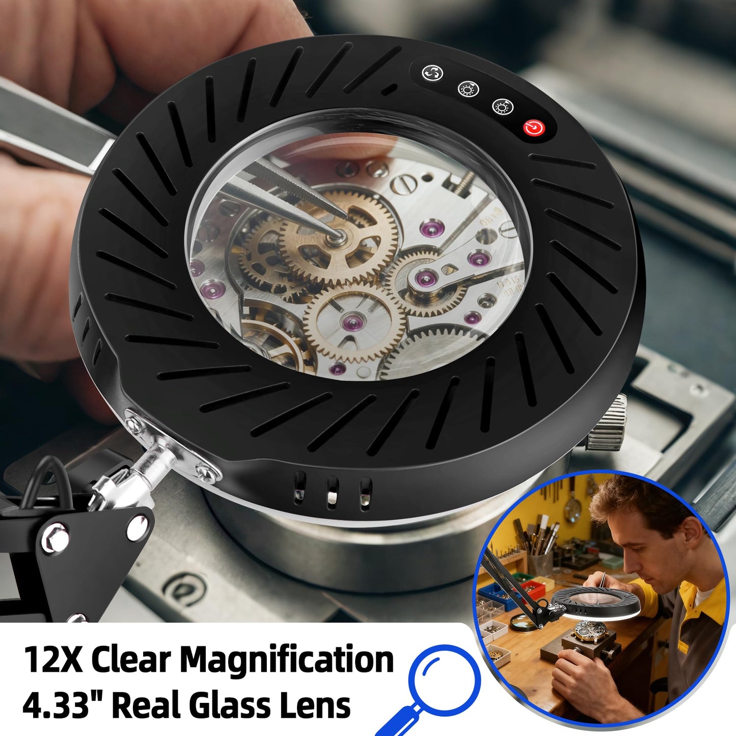 Akynite 12X Magnifying Glass with Light and Stand, 144 LED Real Glass Magnifying Desk Lamp with Base and Clamp, 5 Color Modes 9-Level Dimmable Lighted Magnifier Hands Free for Crafts Sewing Close Work