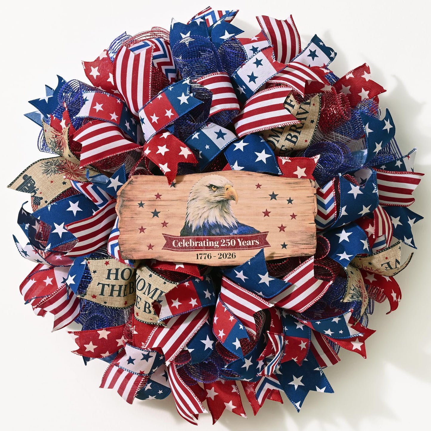 250th Anniversary Patriotic Wreath, 4th of July Wreaths for Front Door with Wooden Eagle Door Sign & Red White Blue Ribbon for Independence Day Memorial Day Patriotic Decorations(18In, 1Pcs)