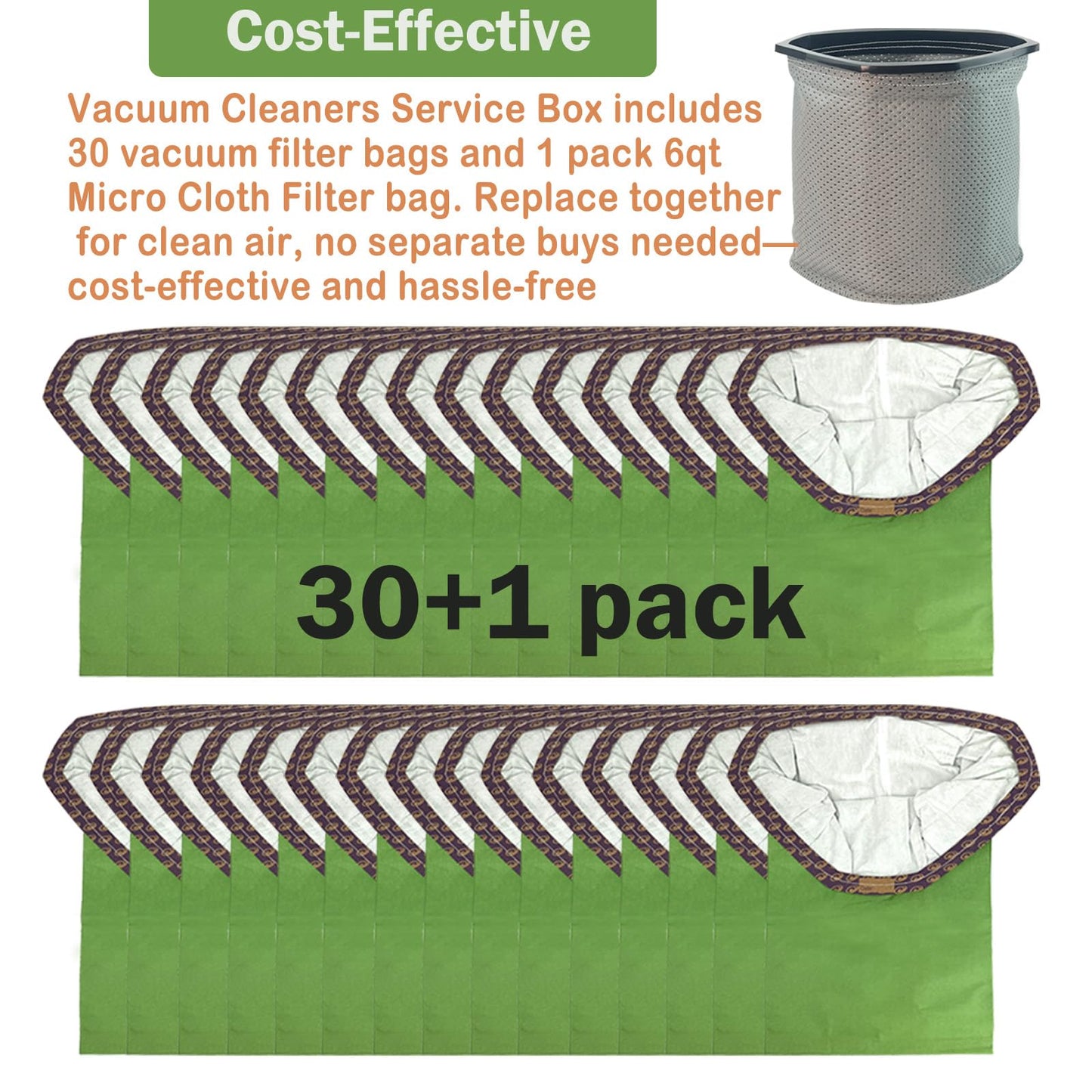 30 Pack 107314 Vacuum Bags + Cloth Bag 834072 Compatible with Proteam 6 QT, Replacement for Proteam Super Coach Pro 6, ProVac FS 6, GoFit 6/PLUS, GoFree Flex Pro II Backpack Vacuum