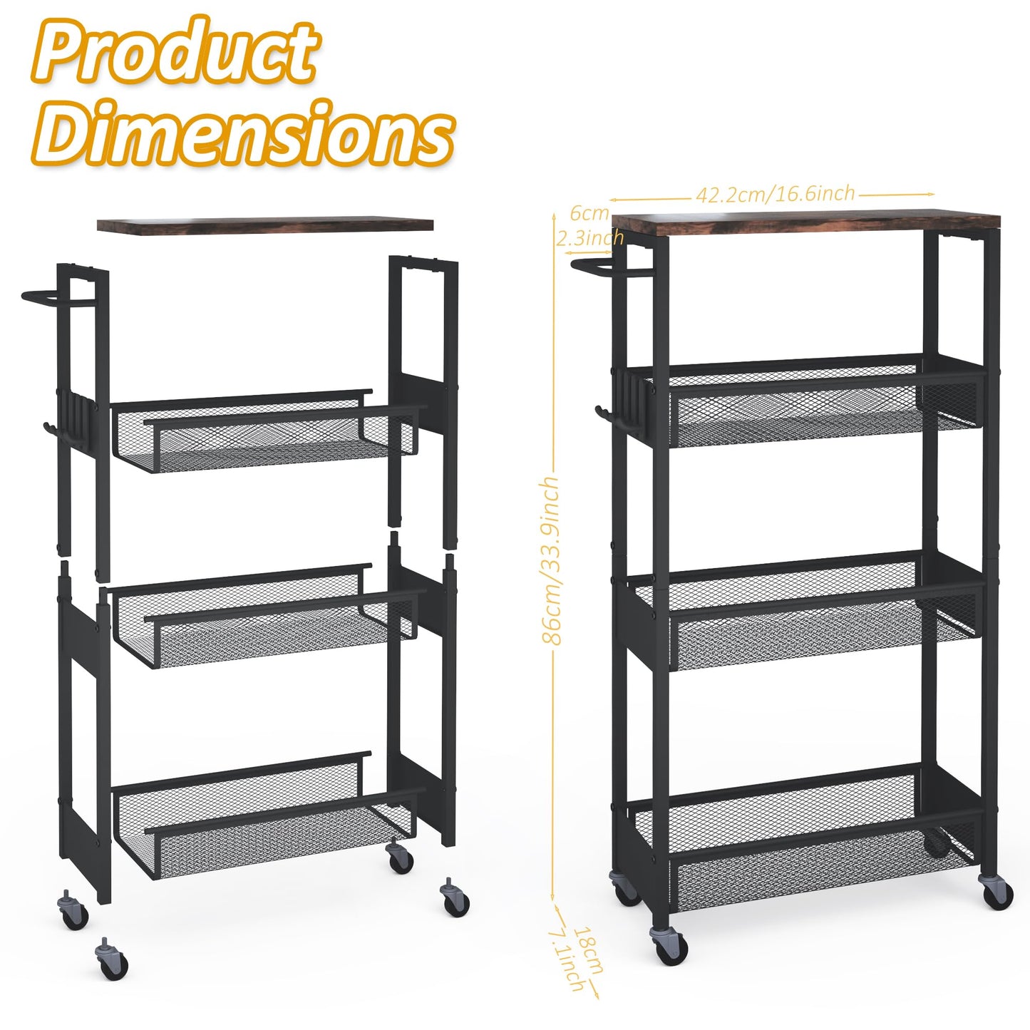 7.1" Wide Slim Rolling Utility Cart, 4 Tier Metal Narrow Storage Cart with Handle and Wood Top, Multifunctional Small Mobile Shelf Unit Organizer Trolley for Laundry, Bathroom, Kitchen