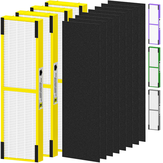 4 Pack FLT4825 Filter B Replacement Compatible with G-Guardian Air Purifiers AC4825 AC4825E AC4825W AC4850 AC4300 AC4800 AC4900 for Home, 4 True Efficient Filters and 8 Carbon Pre-Filters Set, Yellow