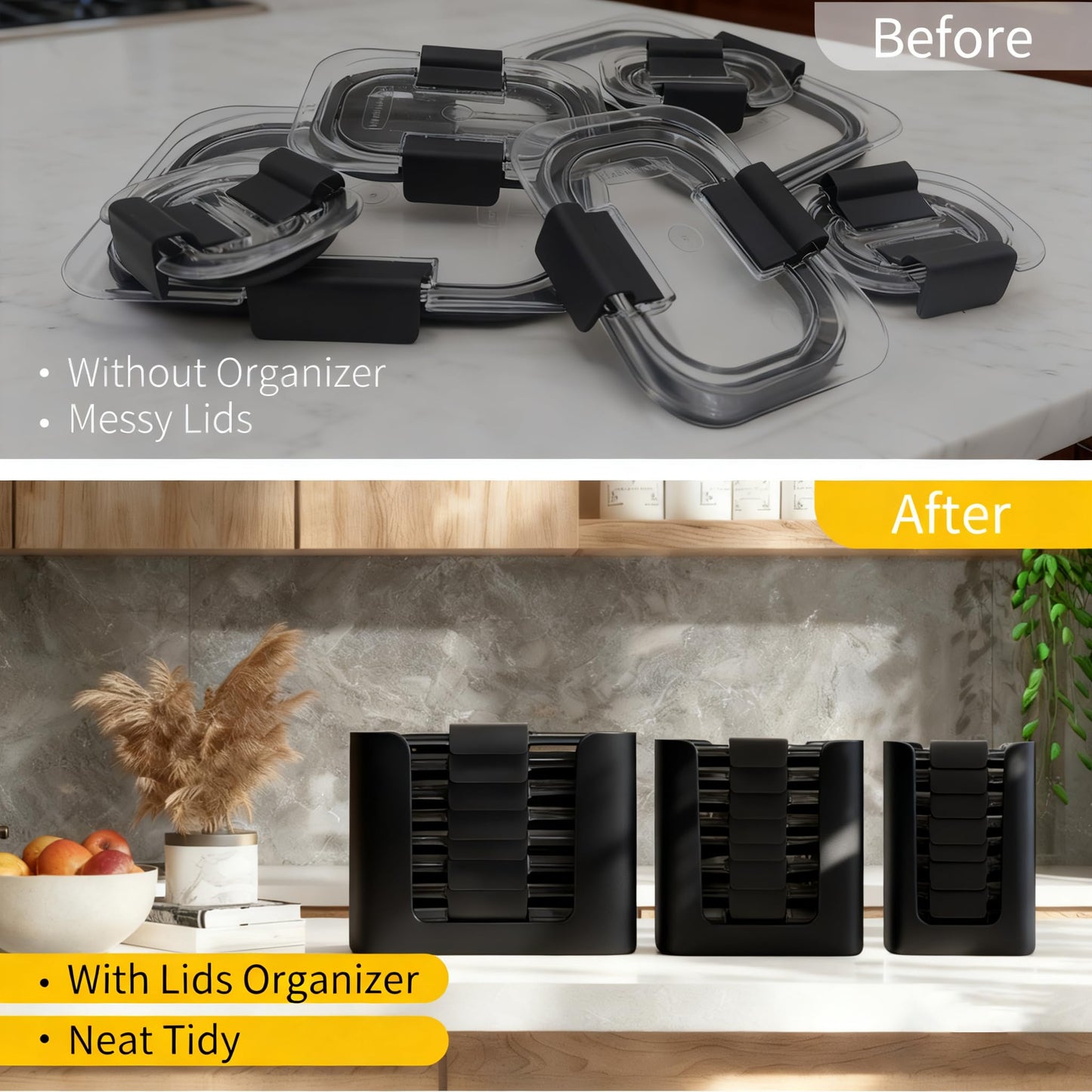 Food Container Lid Organizer for Rubbermaid Brilliances nap-on lids, Lid Organizer for Kitchen Cabinet Storage (3-Piece) - Holds 24 Lids for 4.7 Cup, 3.2 Cup, 1.3 Cup & 0.5 Cup Containers (Black)