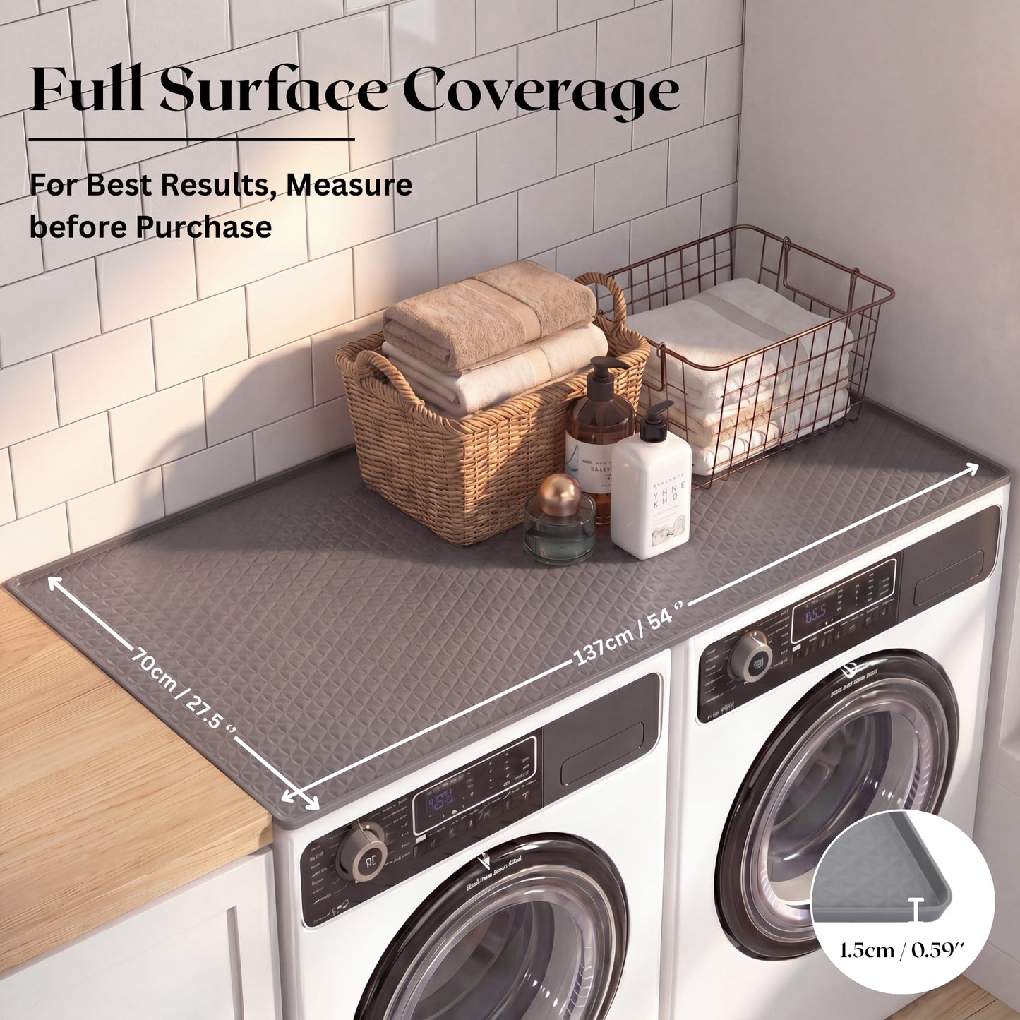 Dionikos 54" x 27.5" Silicone Washer Dryer Countertop Mat with 2 Laundry Bags – Non-Slip, Waterproof, Dustproof Cover for Laundry Room Organization & Surface Protection (Grey, Extra Large)