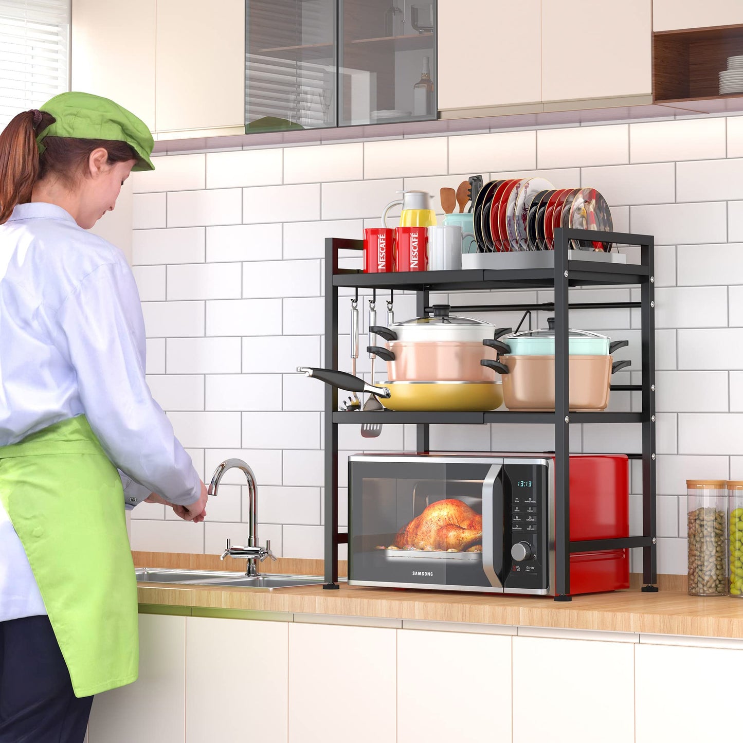 PUSDON 3-Tier Expandable Microwave Oven Rack, Countertop Baker's Rack Style Shelf, Heavy Duty Adjustable Standing Shelf with Hooks, 160lbs Capacity Kitchen Space Saver, Matte Black