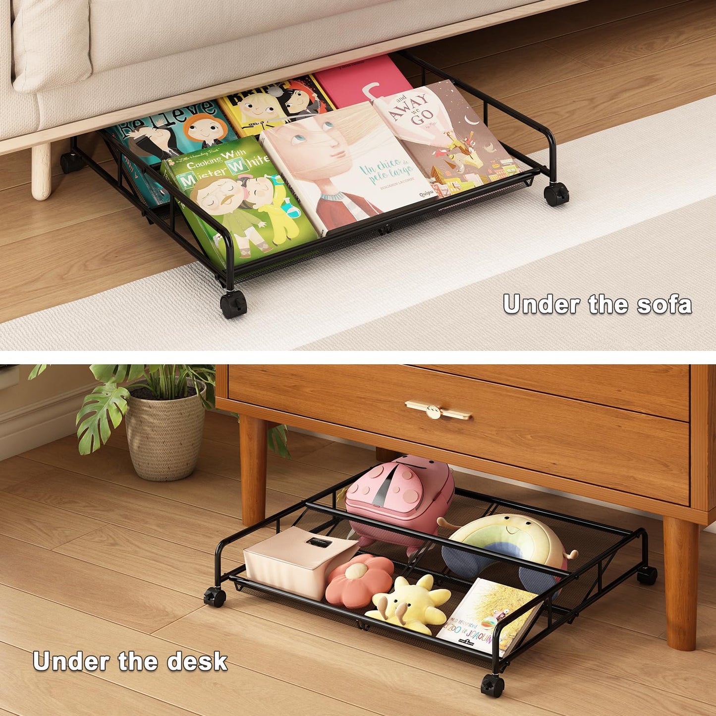 KOSIWU Under Bed Shoe Storage Organizer, 2 Pack Metal Mesh Under Bed Storage Containers with Wheels, Shoe Organizer Drawer Space Saving for Bedroom