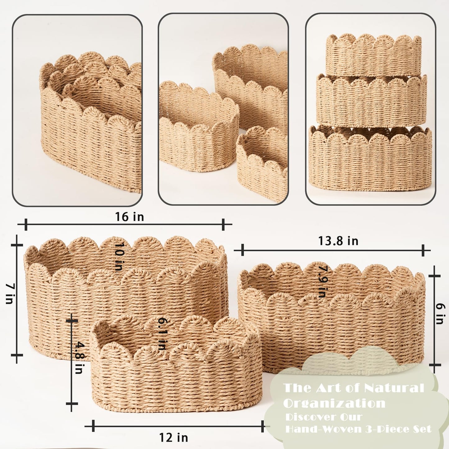 Scalloped Basket Set of 3, Wicker Storage Baskets - Hand-Woven Paper Rope Nursery Organizer for Diaper Caddy, Baby Toys & Shelves, Natural (16x10x7 Inch)