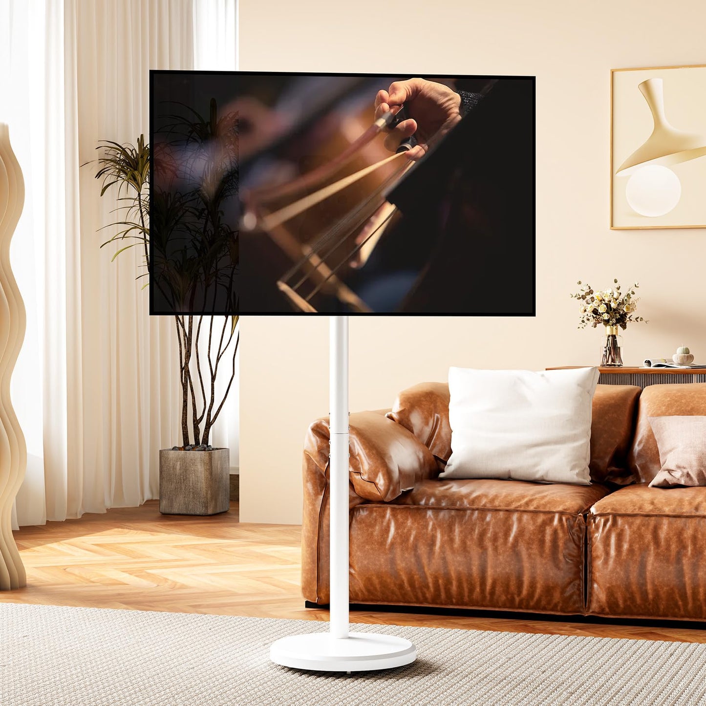 Hovadova Mobile TV Cart Rolling TV Stand for 10-46 Inch Flat/Curved Screen Up to 88lbs, Height Adjustable Portable TV Cart with Tilting and Rotating, TV Stand with Wheels, Max VESA 200x200mm (White)